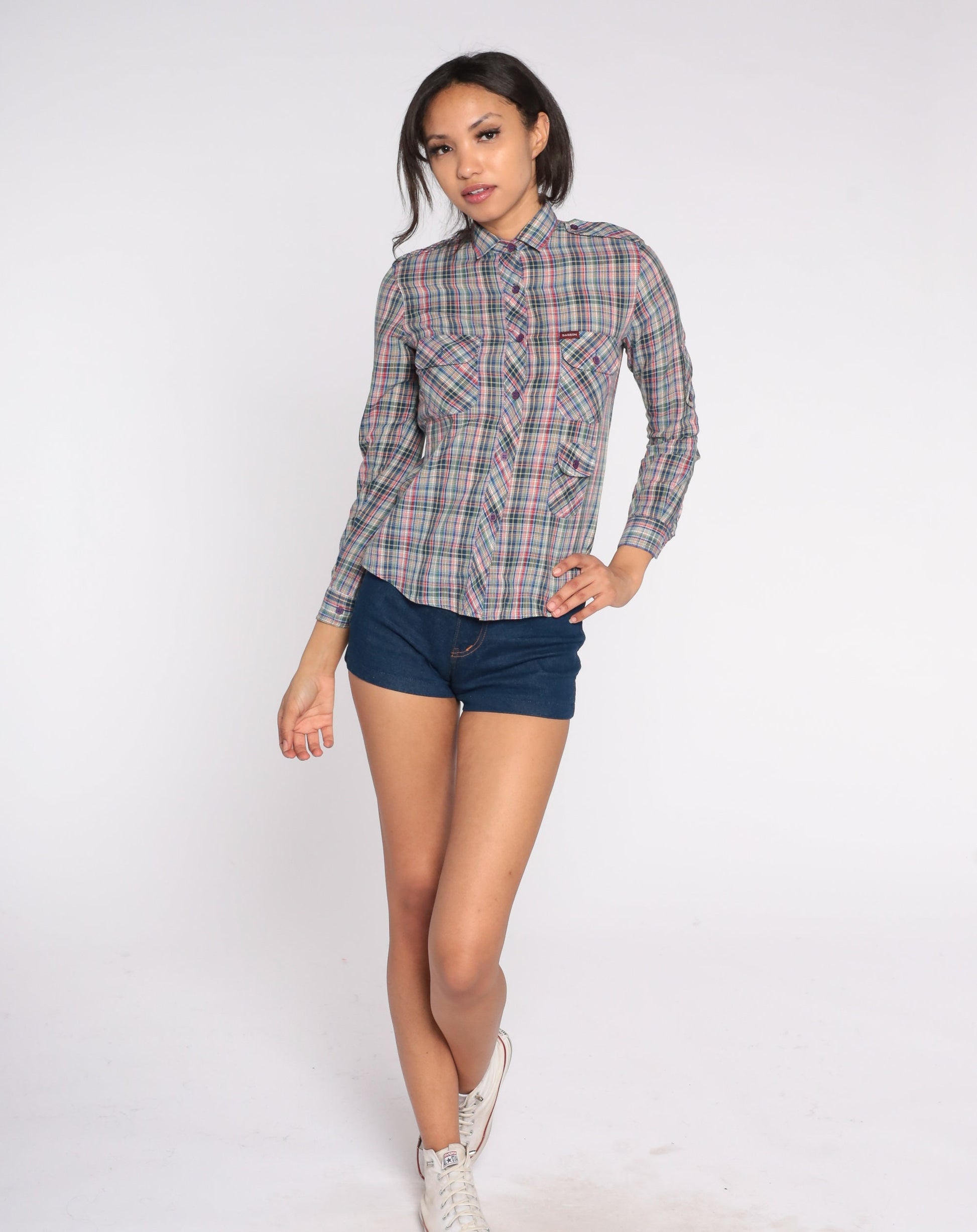 80s Sasson Plaid Button-Up Blouse Blue Red Green Epaulette Extra Small