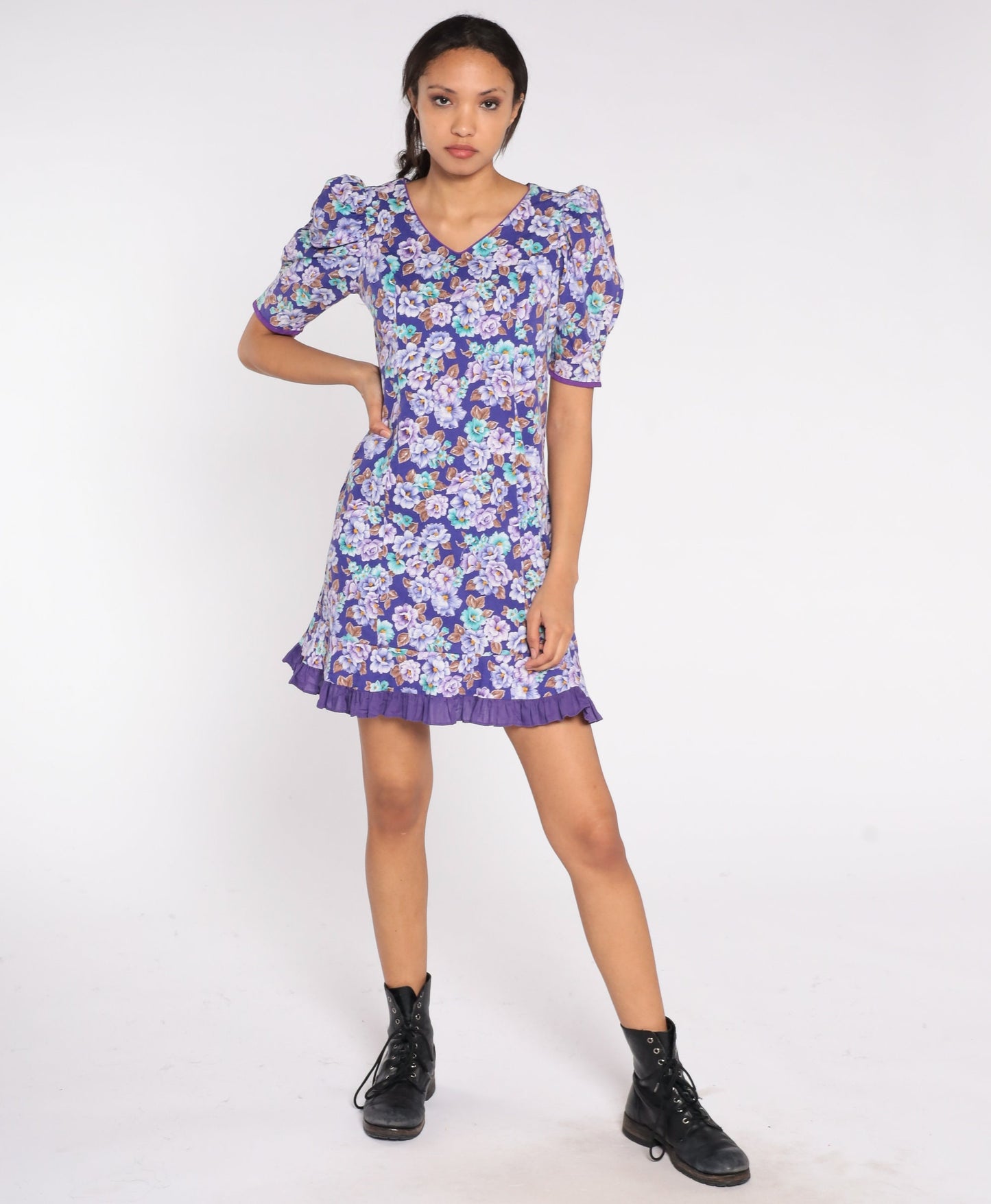 80s Purple Floral Mini Dress Puff Sleeve Shift Cotton Size 7