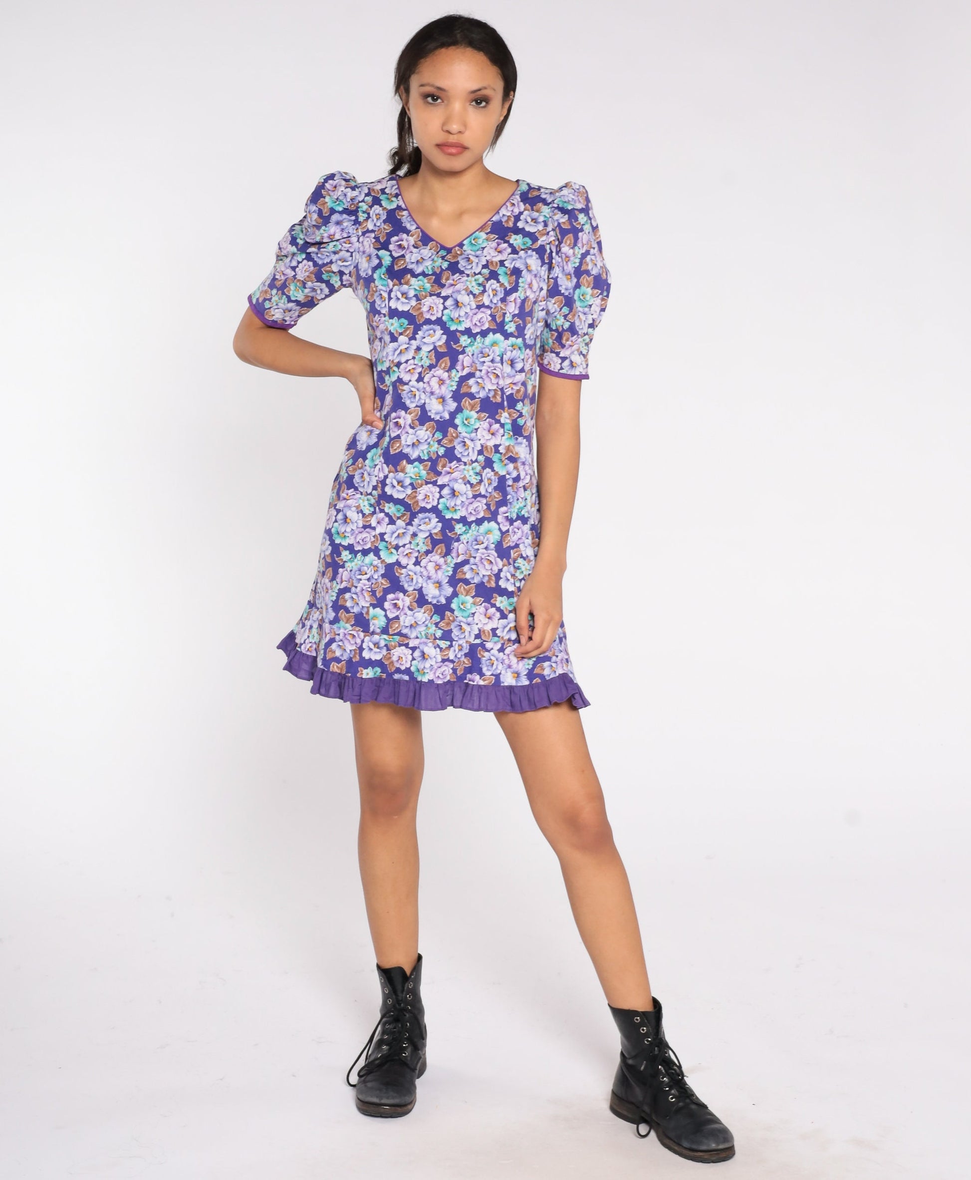 80s Purple Floral Mini Dress Puff Sleeve Shift Cotton Size 7