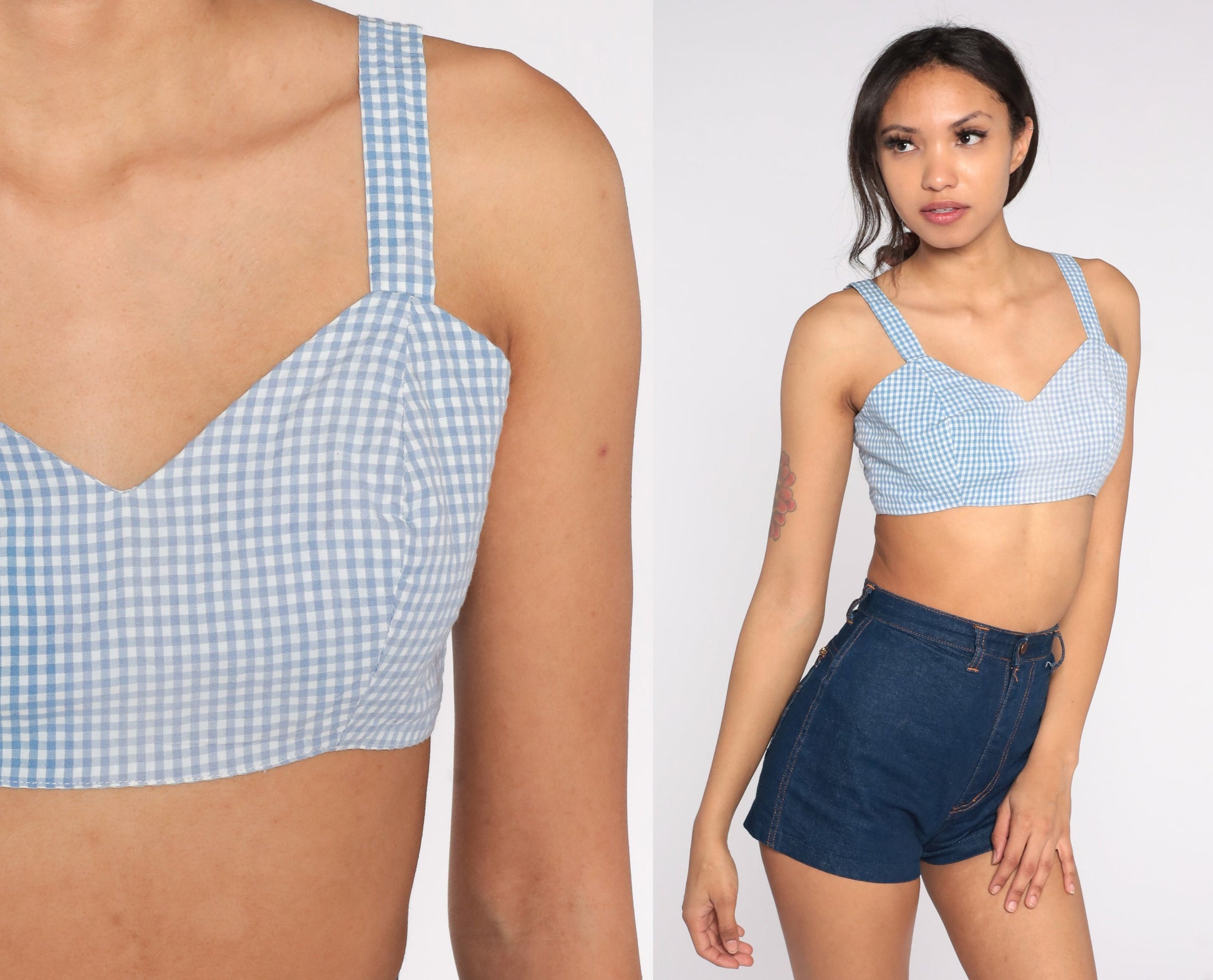 60s Blue Gingham Crop Tank Top Checkered Sleeveless Small