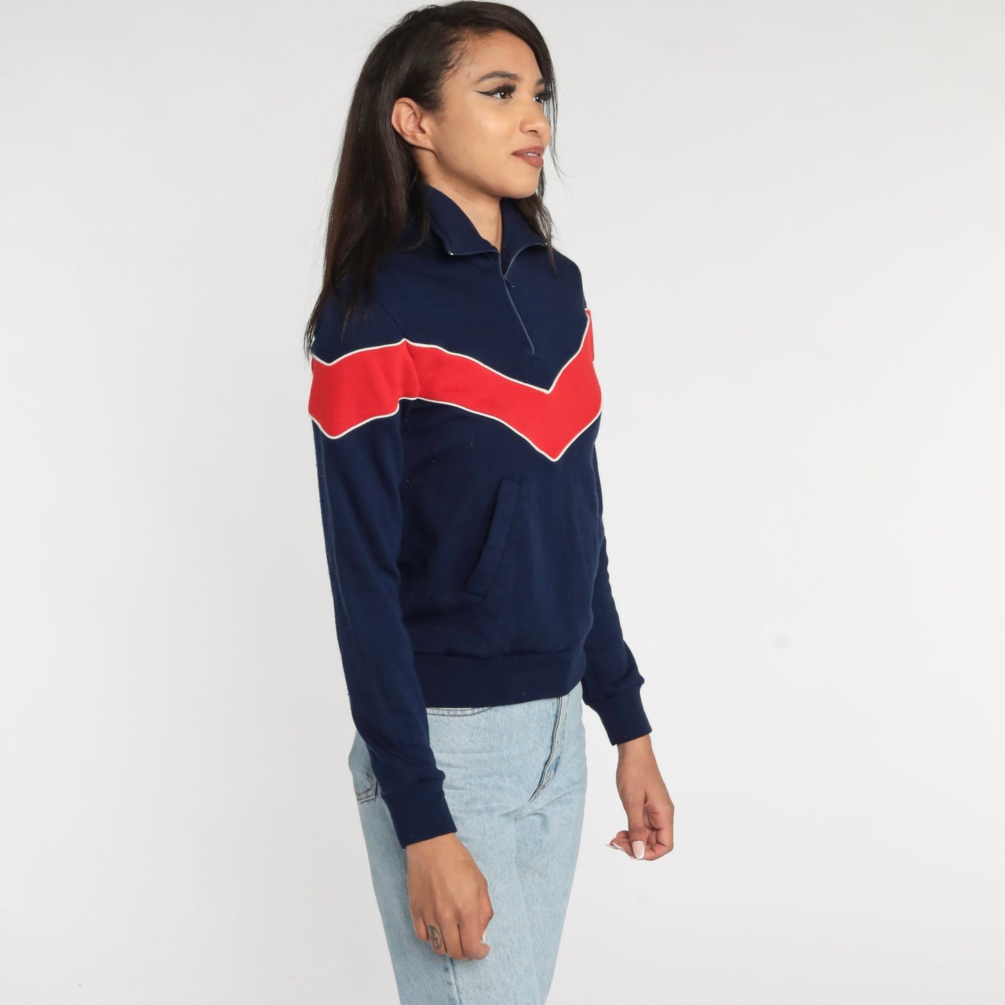 80s Blue Quarter Zip Sweatshirt Red Chevron Stripe Crewneck Extra Small