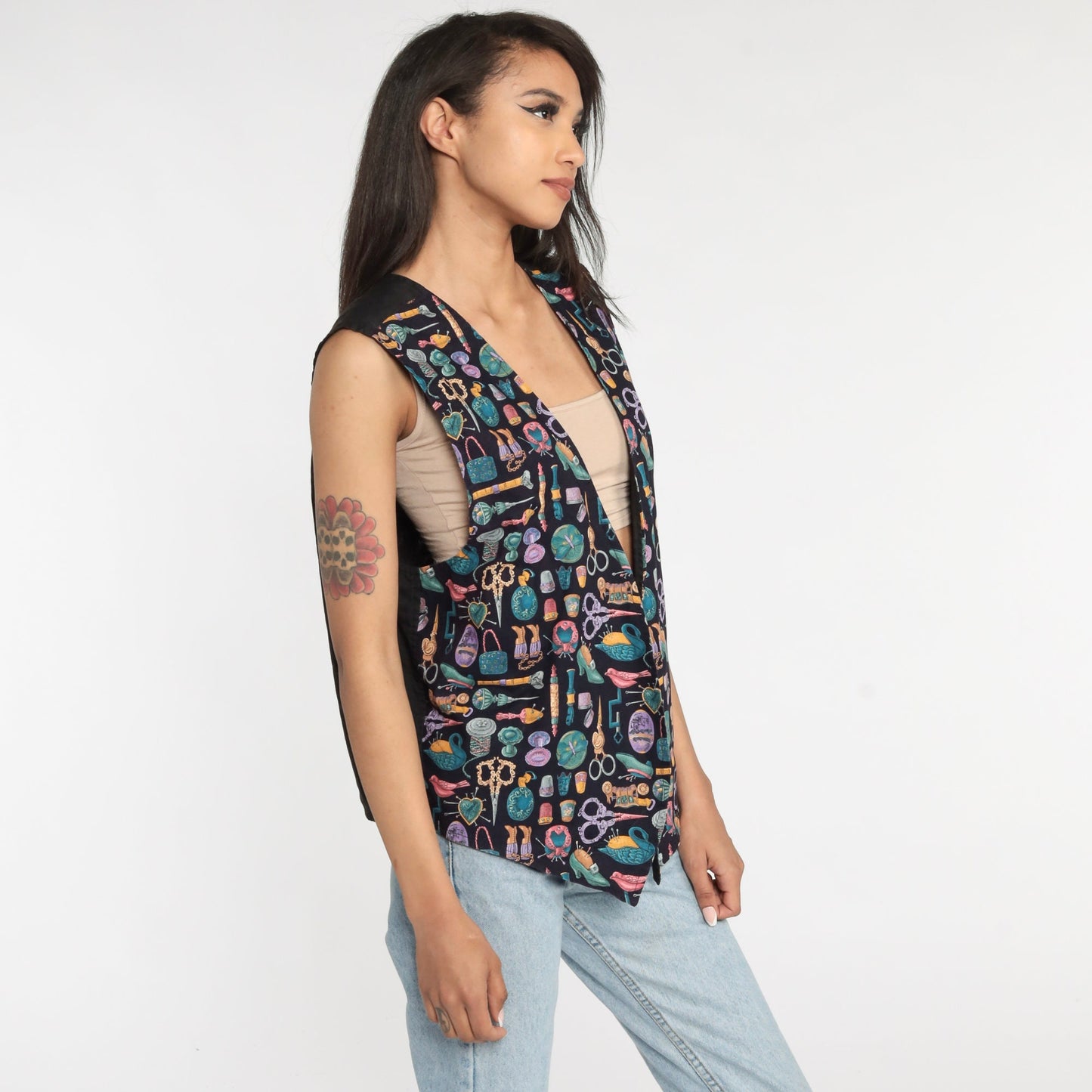 90s Seamstress Print Sleeveless Vest Button Up Sewing Graphic Medium Large