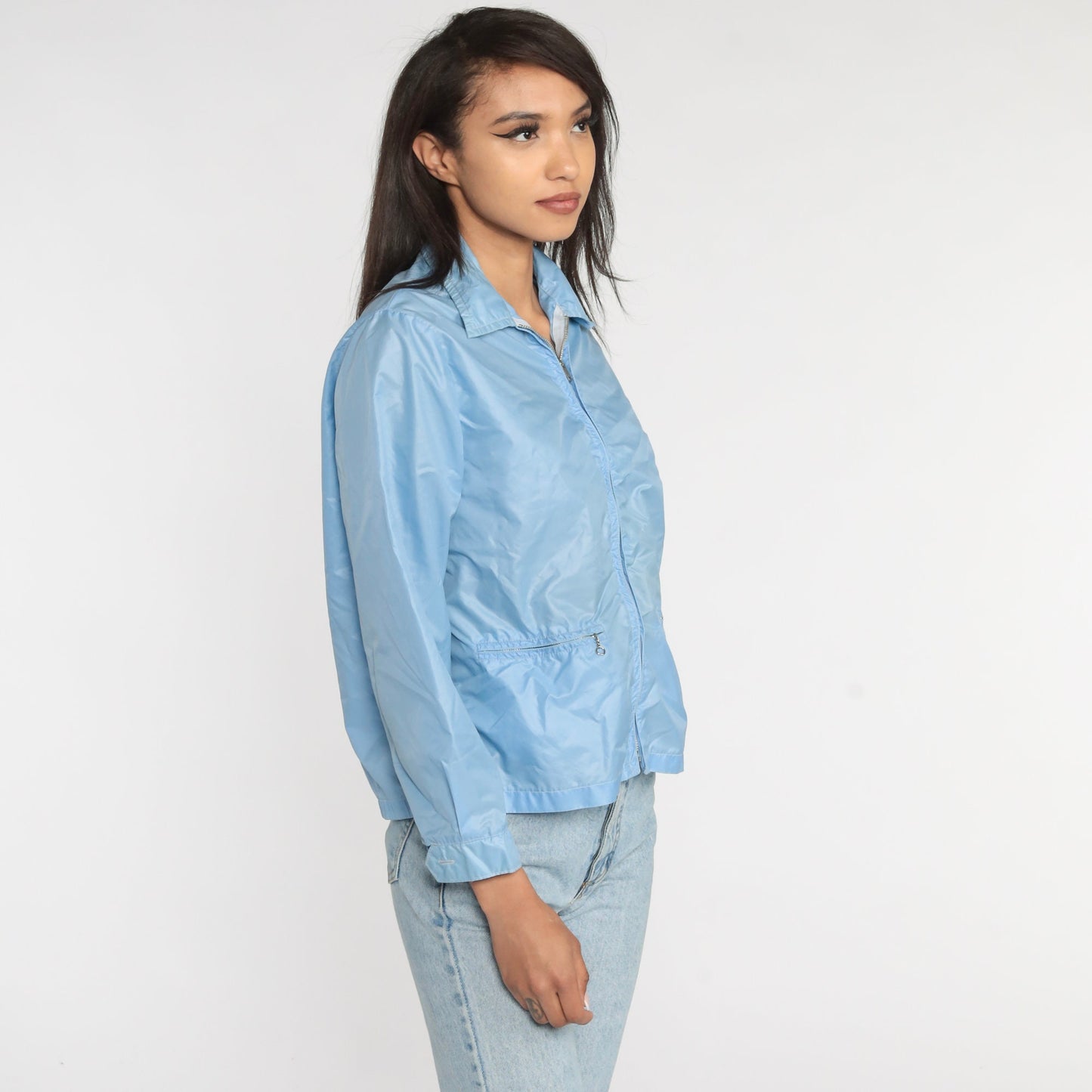 70s Baby Blue Nylon Windbreaker Zip Jacket Small