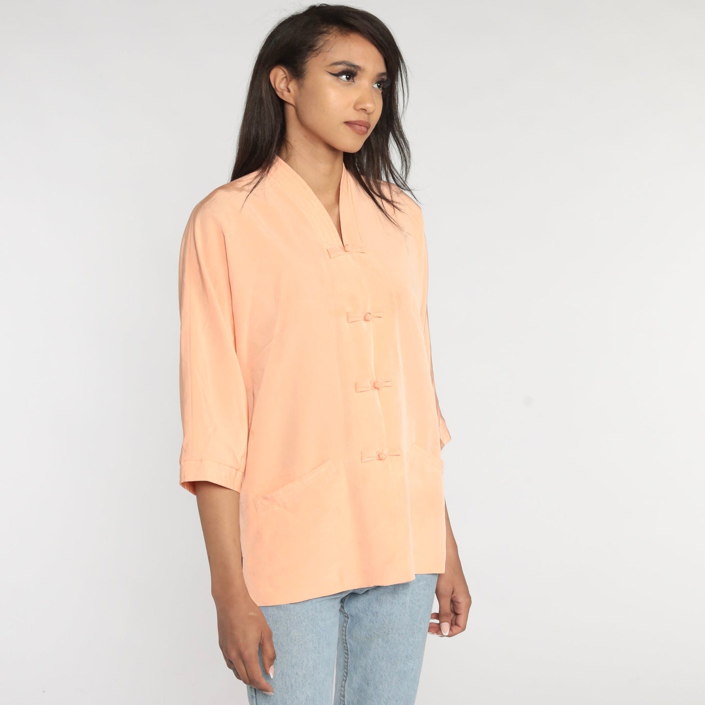 70s Peach Blouse Short Sleeve Frog Button Shirt Medium Large