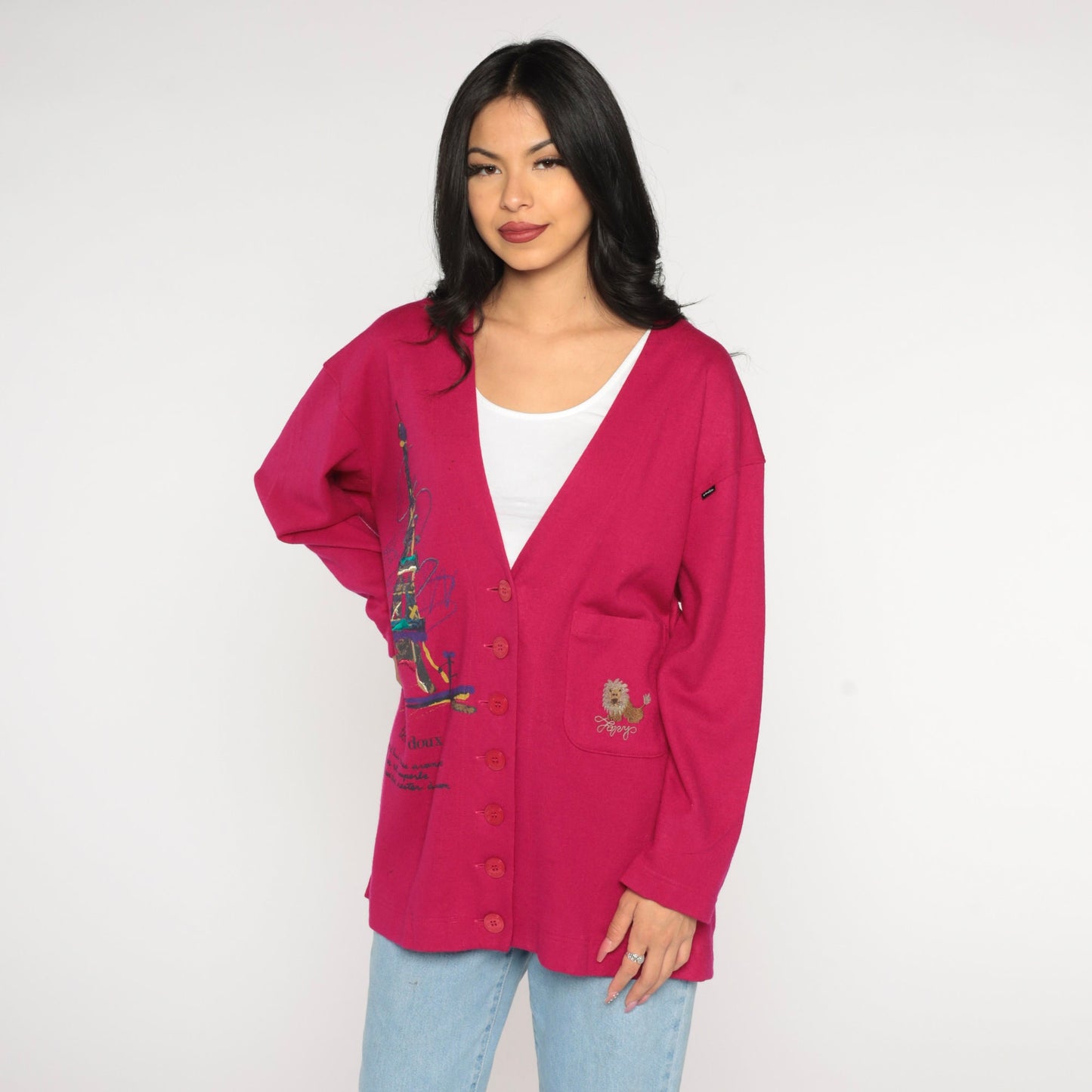 90s Paris Cardigan Dark Pink Eiffel Tower Lion Embroidered Temps Doux Large L