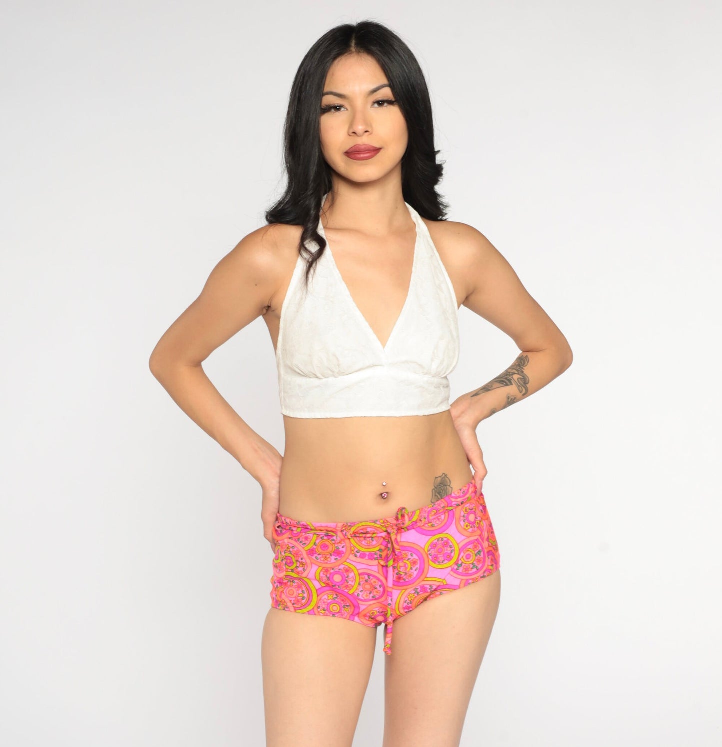 70s Pink Floral Bikini Bottoms Low Waist Drawstring Swim Shorts Small