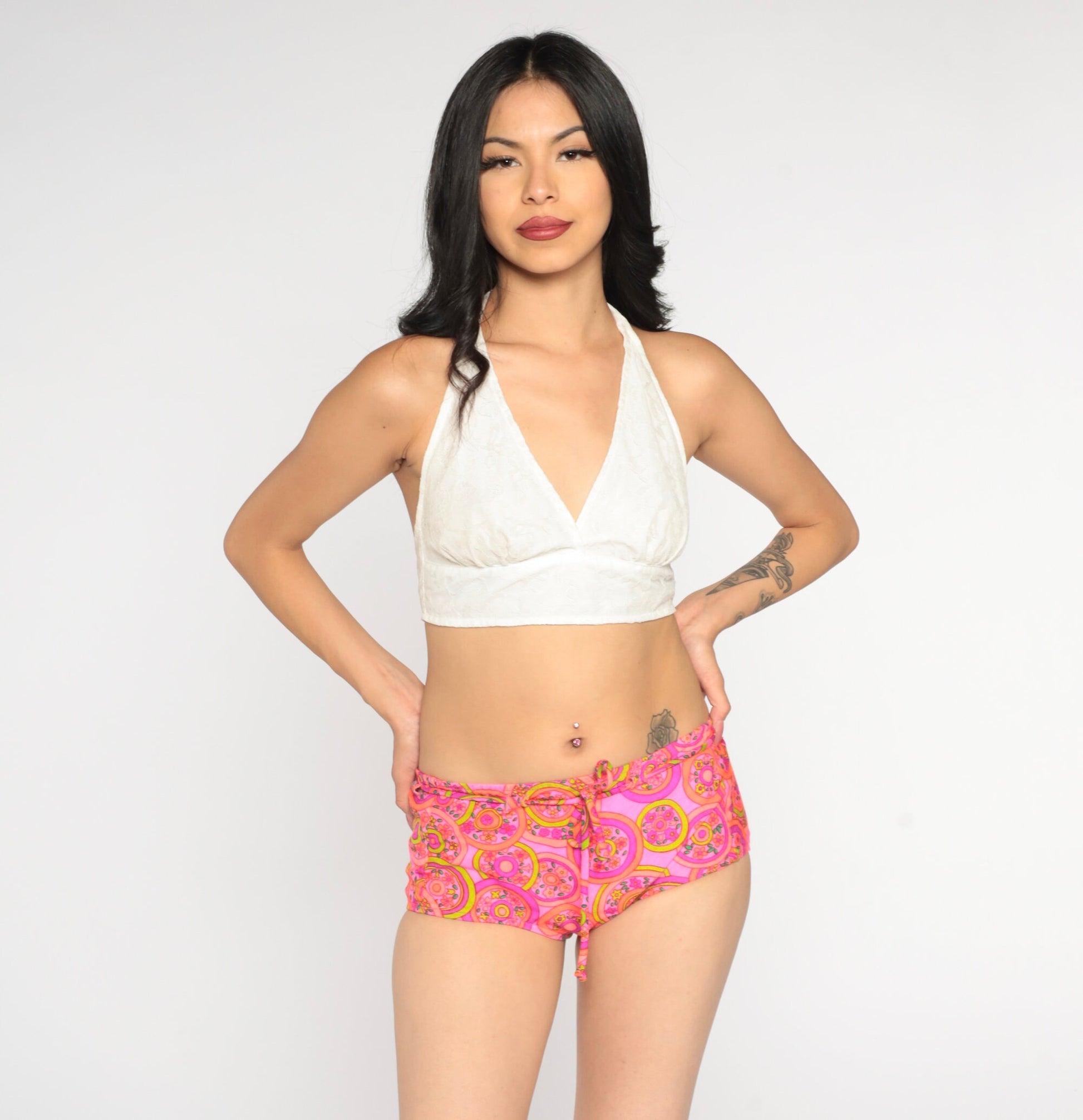 70s Pink Floral Bikini Bottoms Low Waist Drawstring Swim Shorts Small