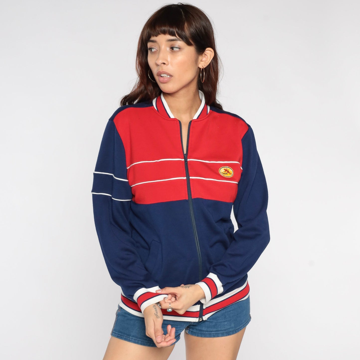 80s Devil Action Wear Track Jacket Blue Red Striped Crest Small