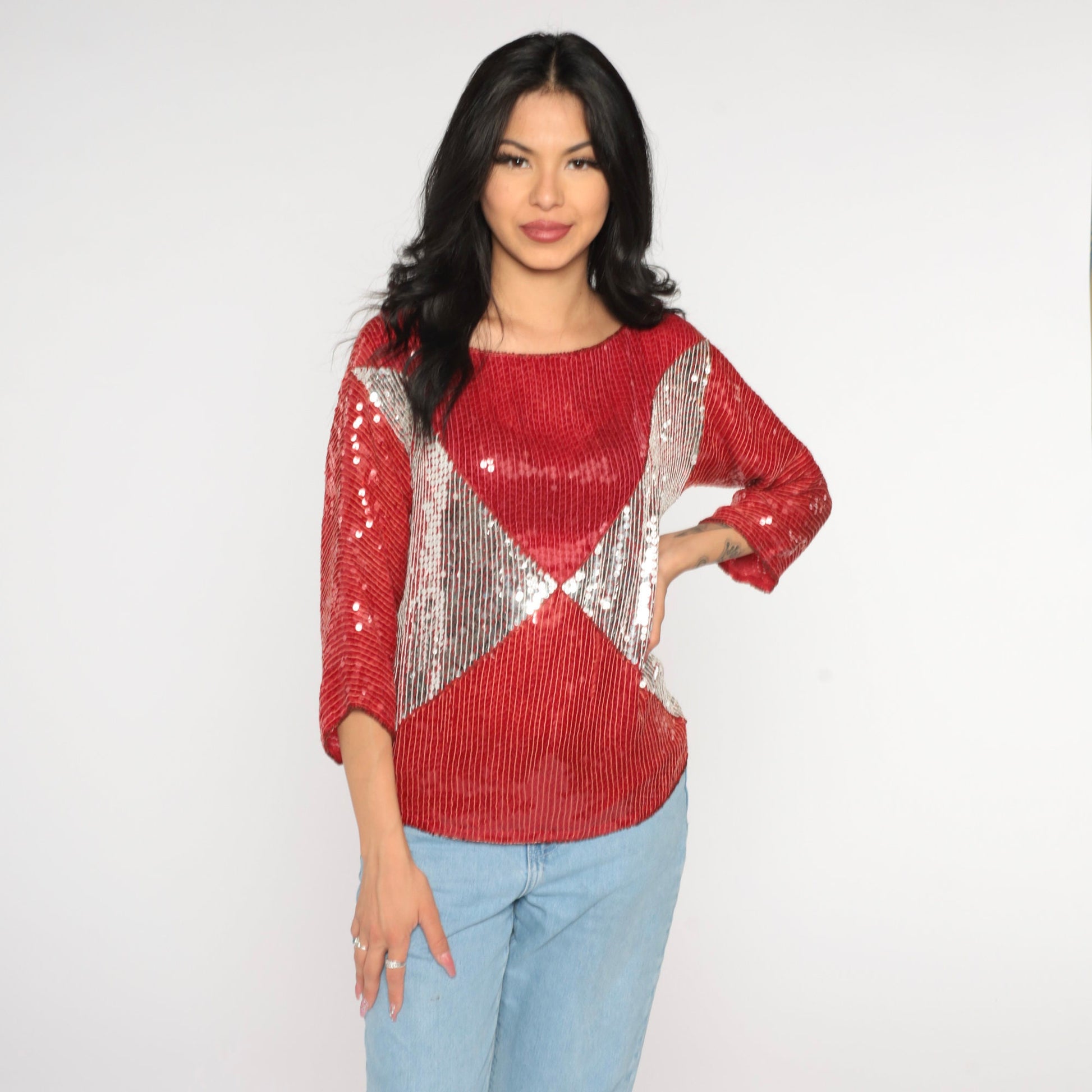 90s Silk Sequin Blouse Red Silver Metallic Color Block Small