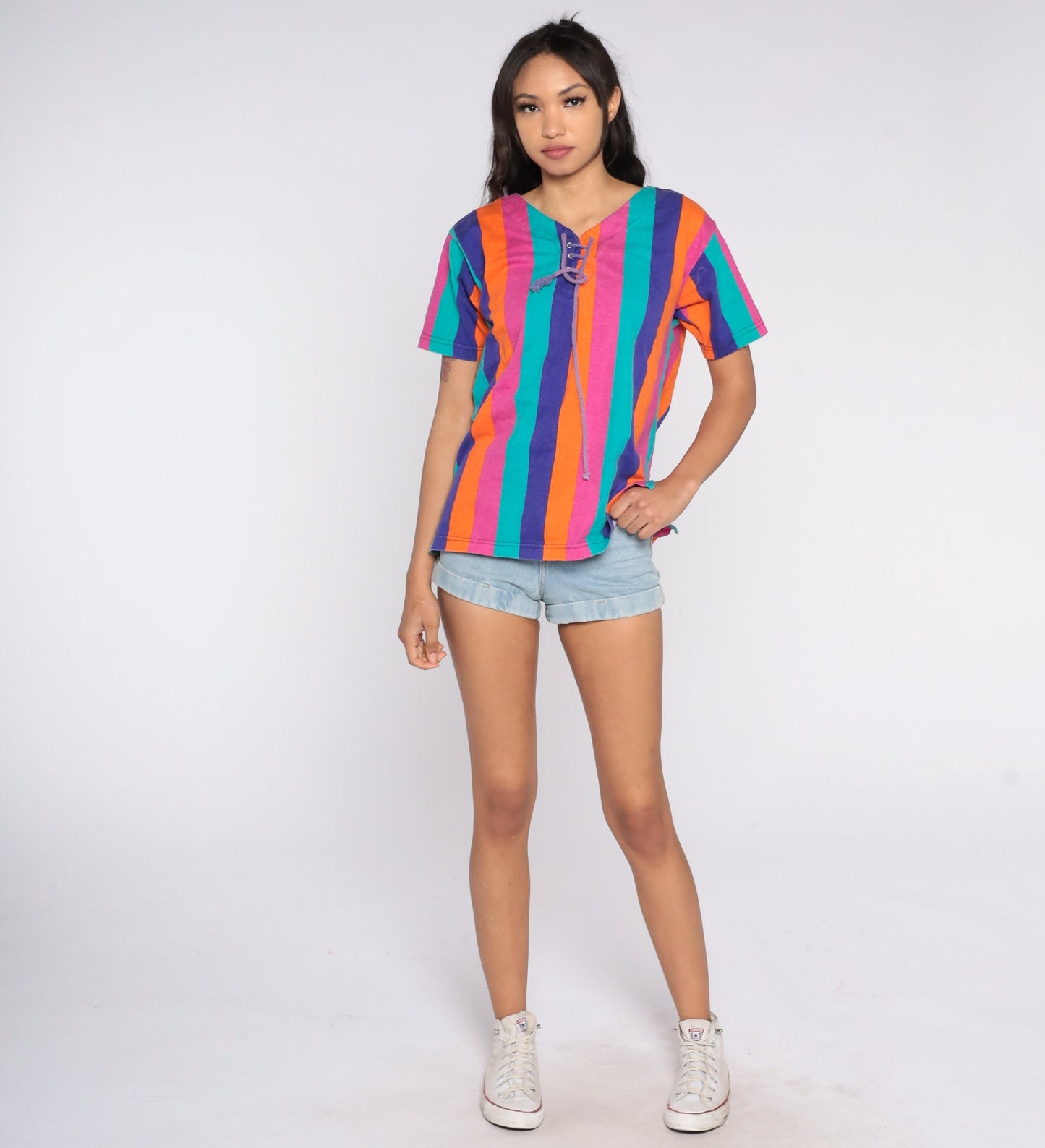 90s Striped Cotton Blouse Lace-Up V-Neck Short Sleeve Pink Orange Blue Purple Medium