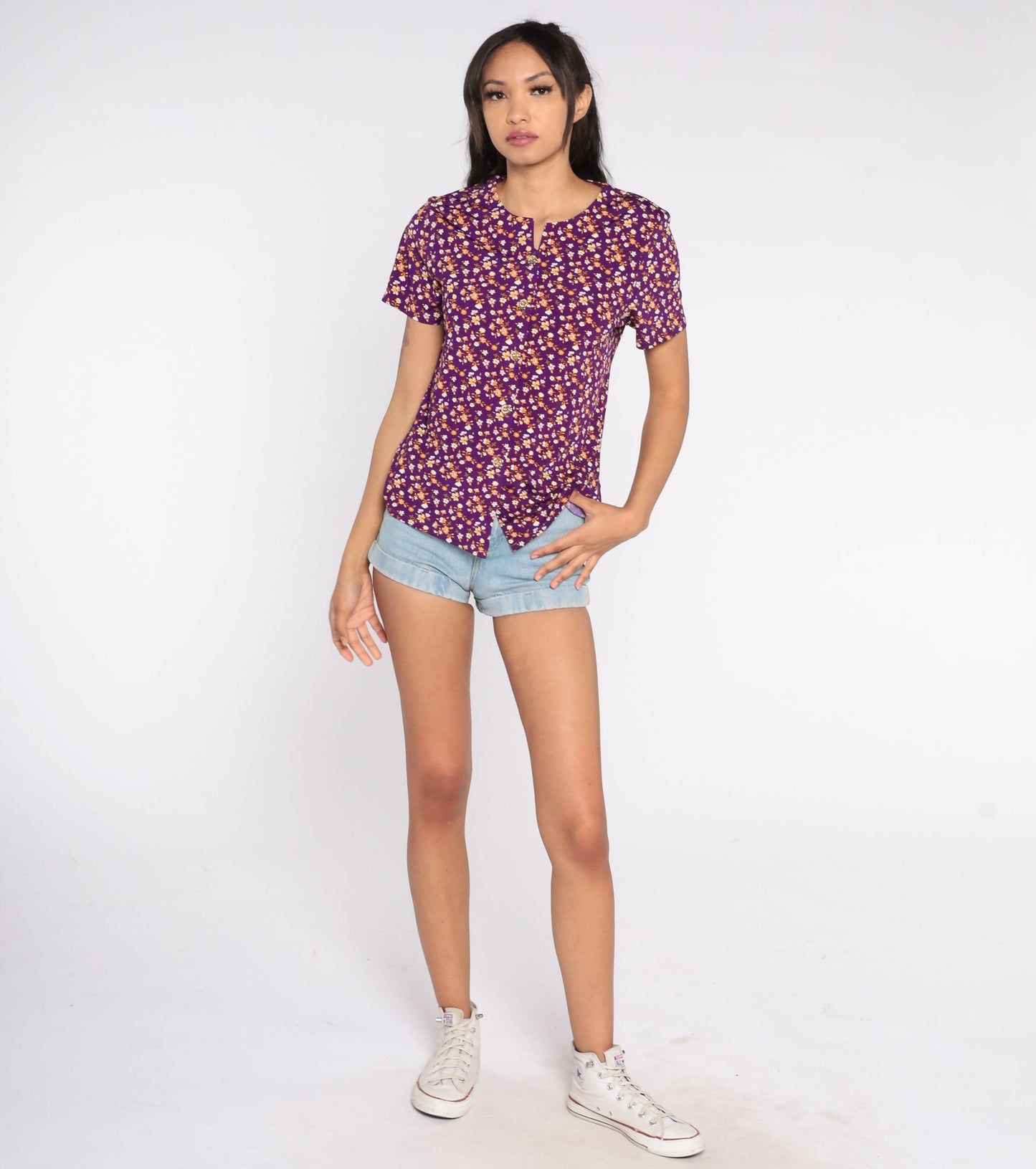 90s Purple Floral Button-Up Blouse Short Sleeve Shirt Large