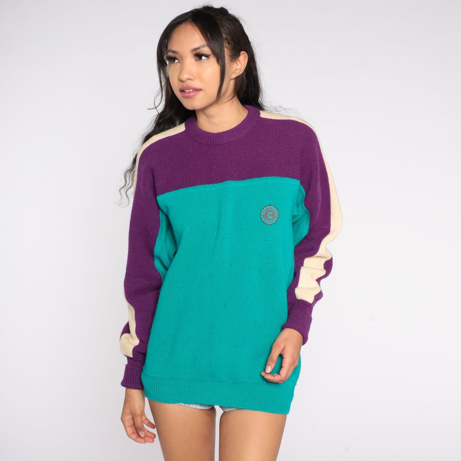90s Wool Color Block Sweater Purple Green Cream Striped Crewneck Medium