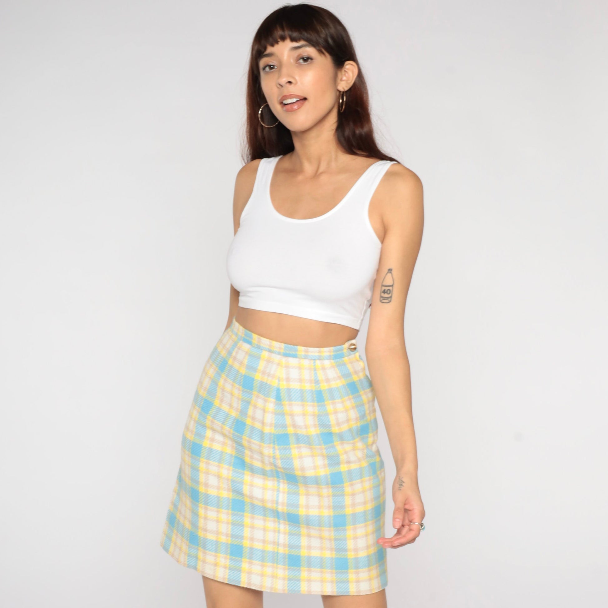 60s Yellow Blue Plaid Pencil Skirt High Waist Mini Mod Small