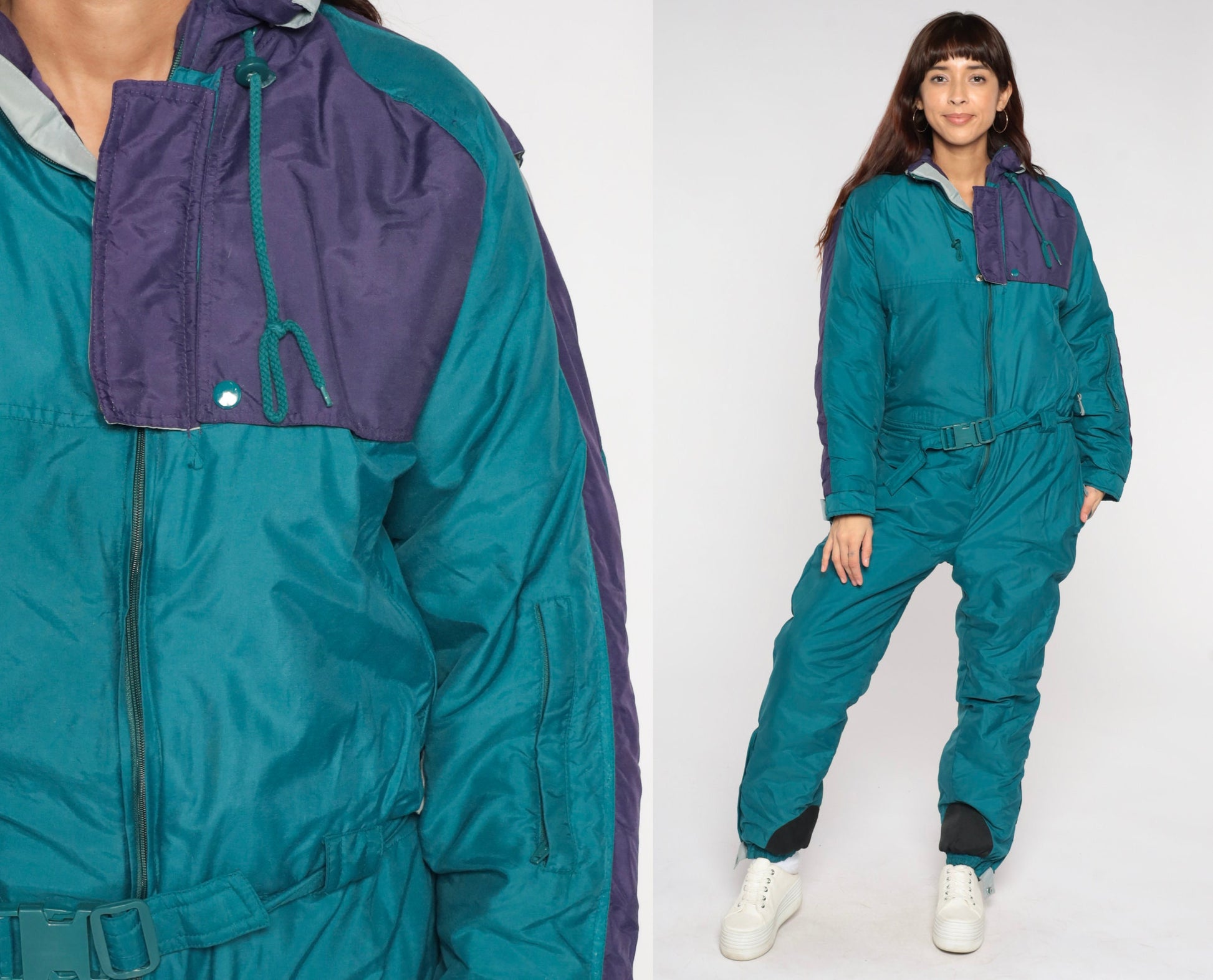 90s Teal Green Color Block Ski Suit One-Piece Jumpsuit Medium M