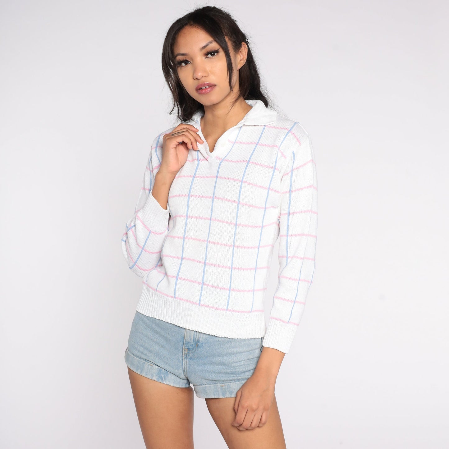 90s White Checkered Collared Sweater Blue Pink Cotton Ramie Knit Small