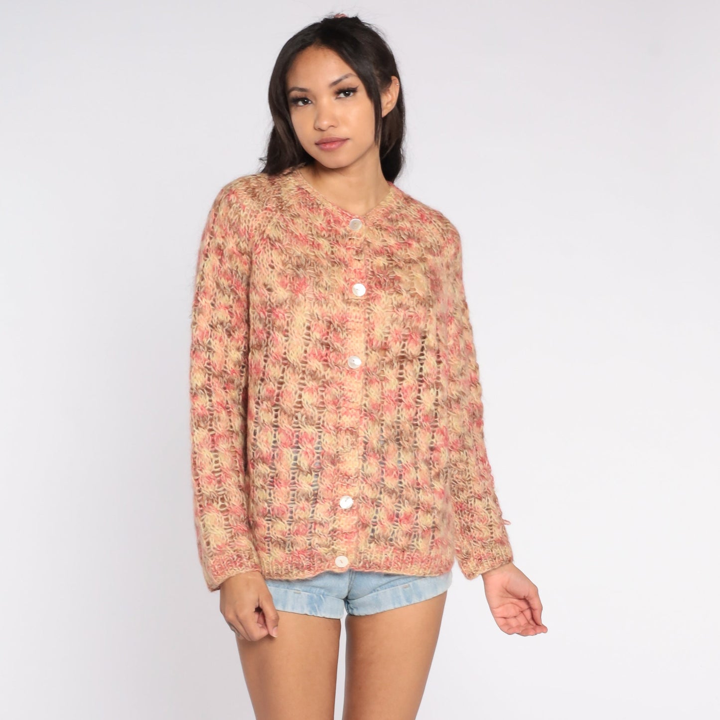 60s Cardigan Sweater Multicolor Pink Beige Brown Knit Button Up Large L