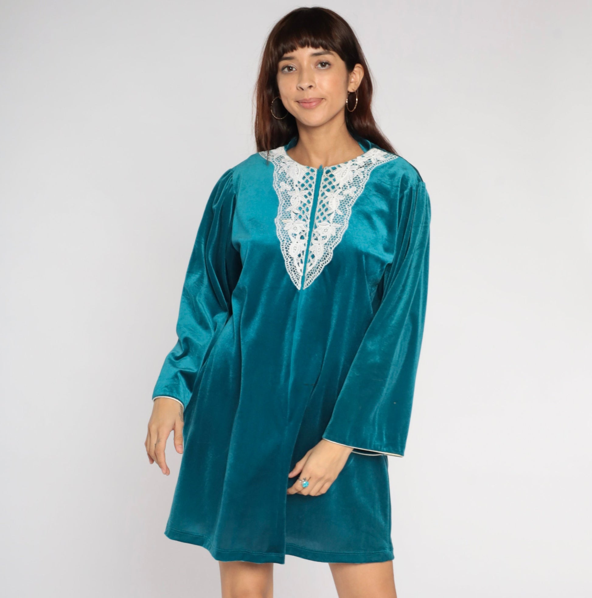 80s Teal Velour Mini Lounge Dress Floral Lace Bib Long Sleeve Zip Front Large L