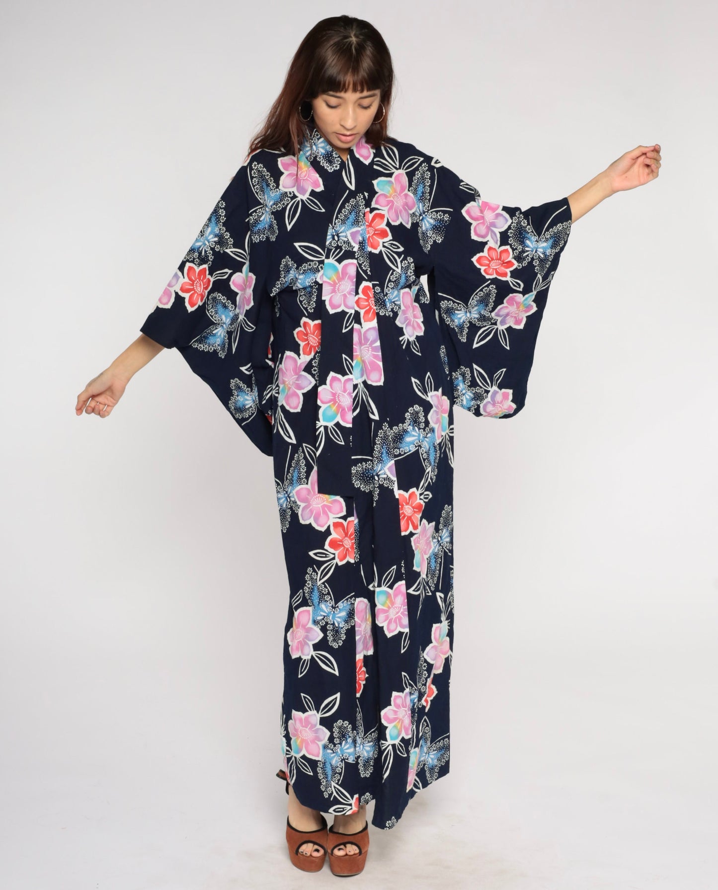Y2K Navy Floral Butterfly Kimono Robe Maxi Cotton Open Front Medium