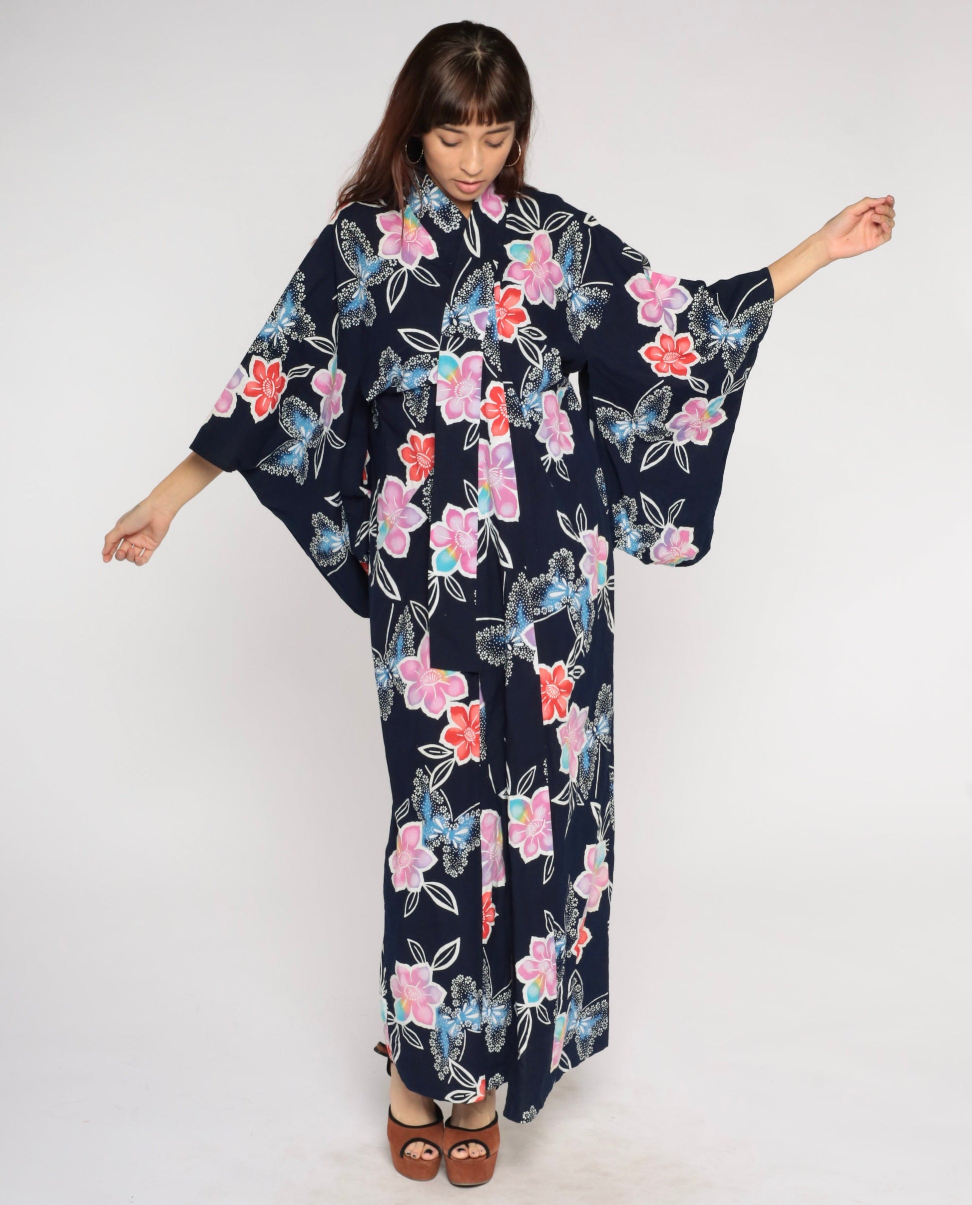 Y2K Navy Floral Butterfly Kimono Robe Maxi Cotton Open Front Medium