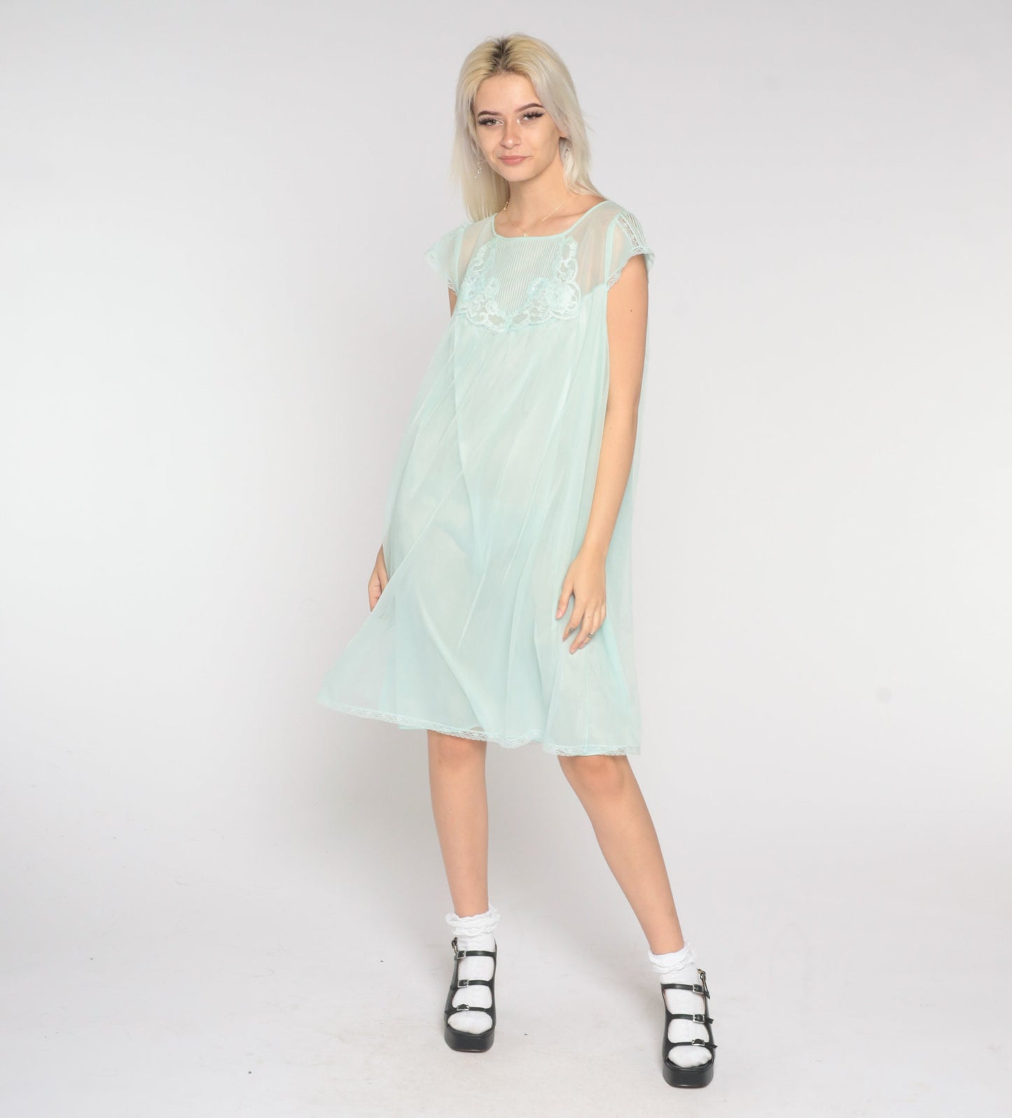 70s Mint Nylon Nightgown Lace Trim Mini Babydoll Slip Dress Large