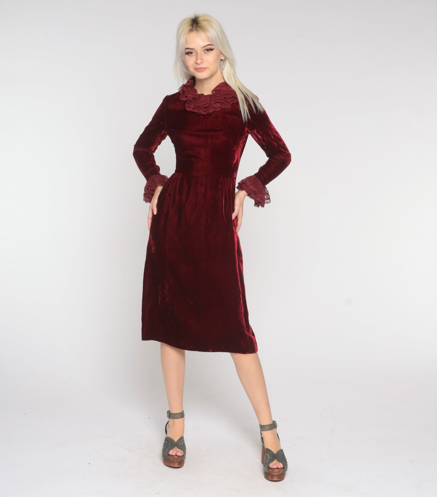 60s Red Velvet Midi Dress Lace Ruffle Long Sleeve High Waist Extra Small