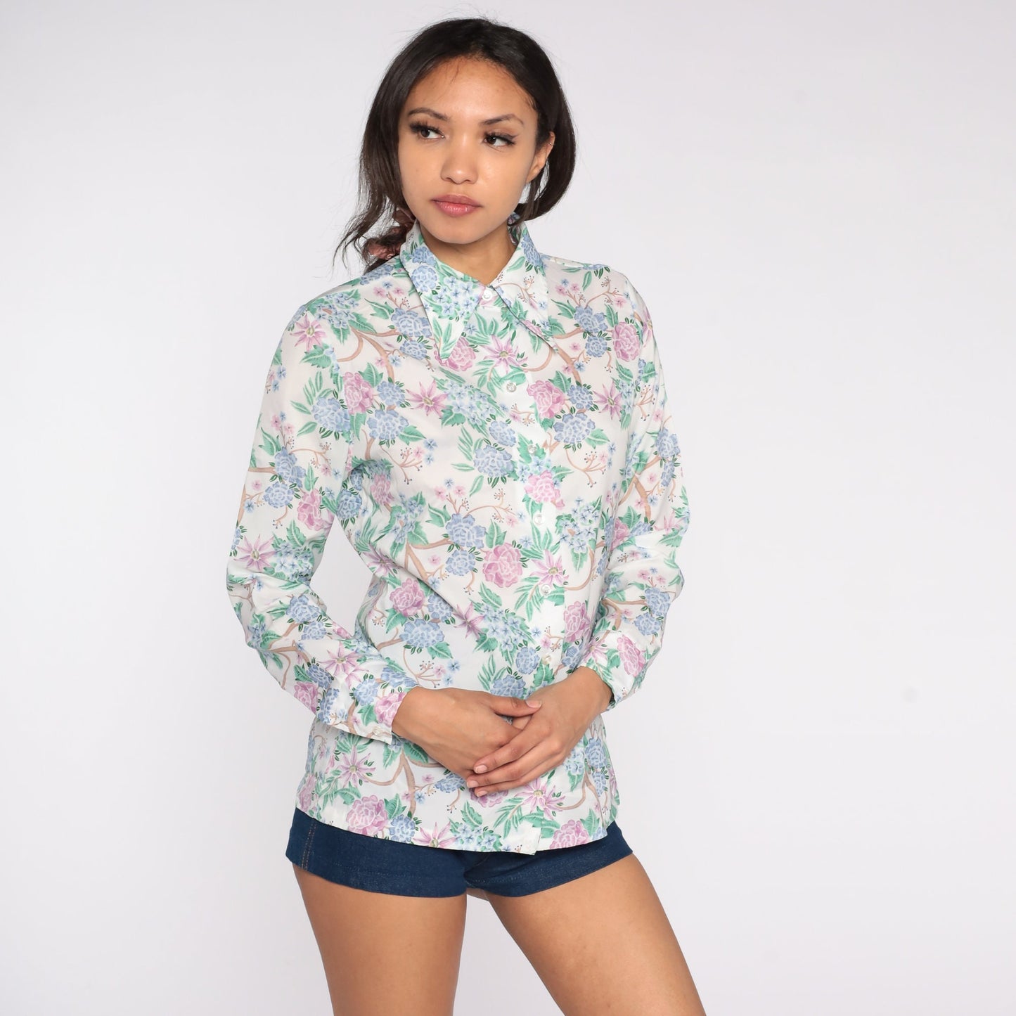70s Floral Button-Up Shirt White Pointed Collar Long Sleeve Small S