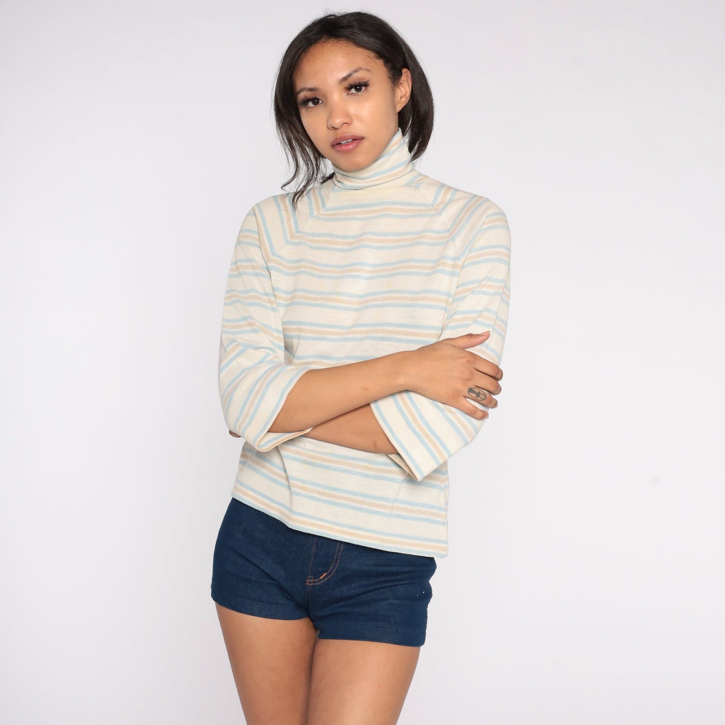 70s Striped Turtleneck Raglan Sleeve Shirt Off-White Blue Small