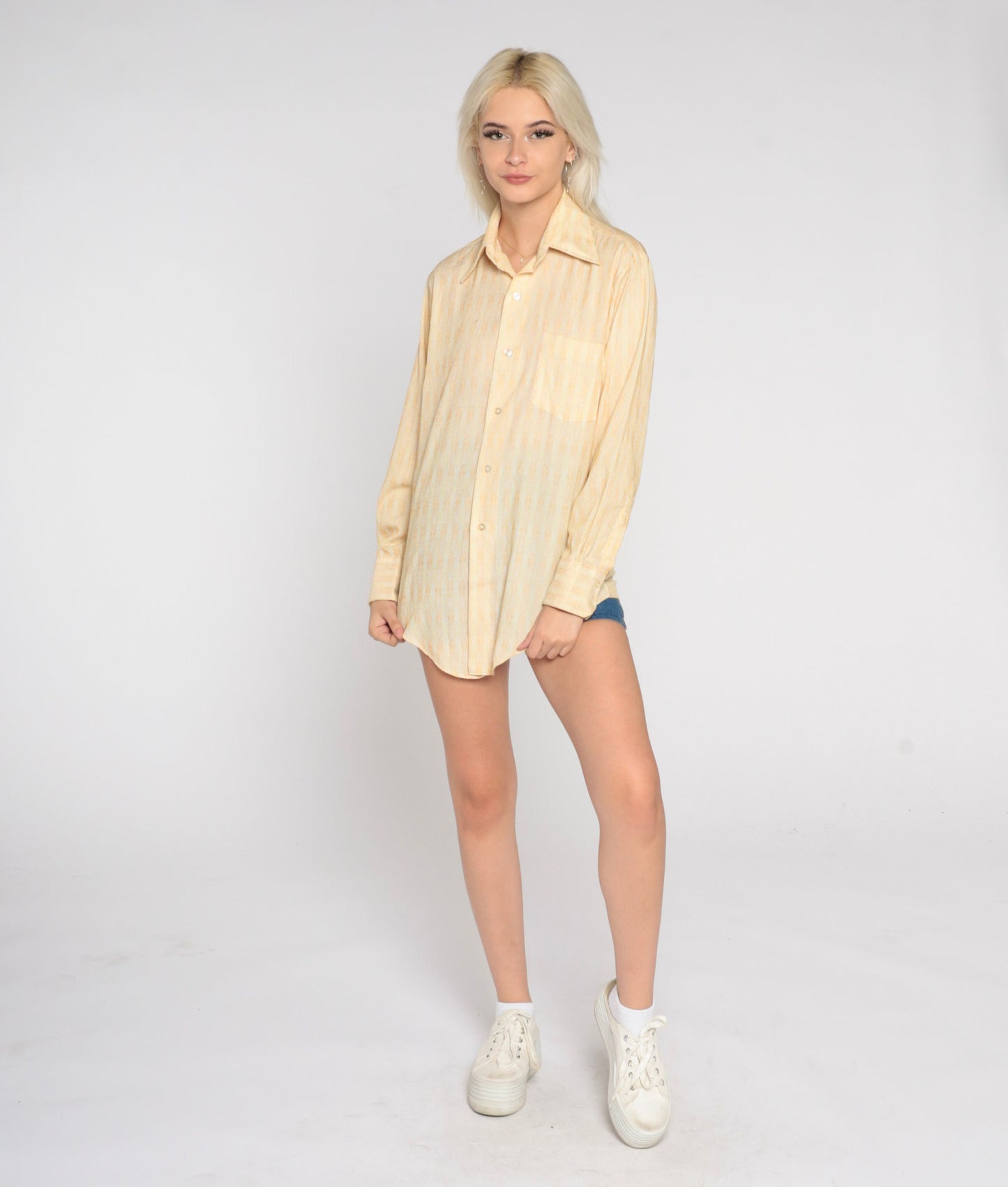70s Yellow Geometric Striped Button-Up Shirt Pointed Collar Long Sleeve Medium
