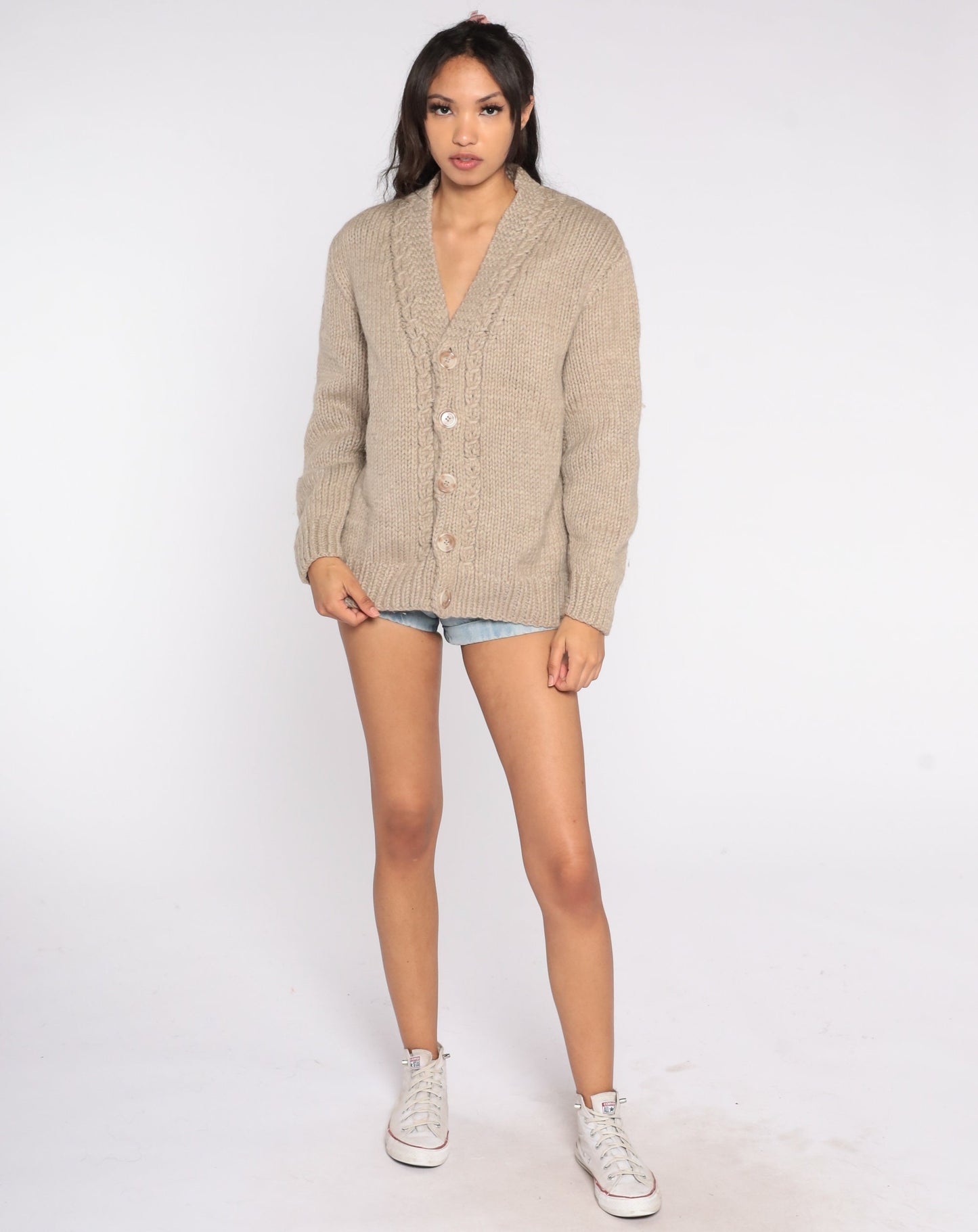 60s Taupe Wool Cardigan Button-Up Knit Sweater Large L