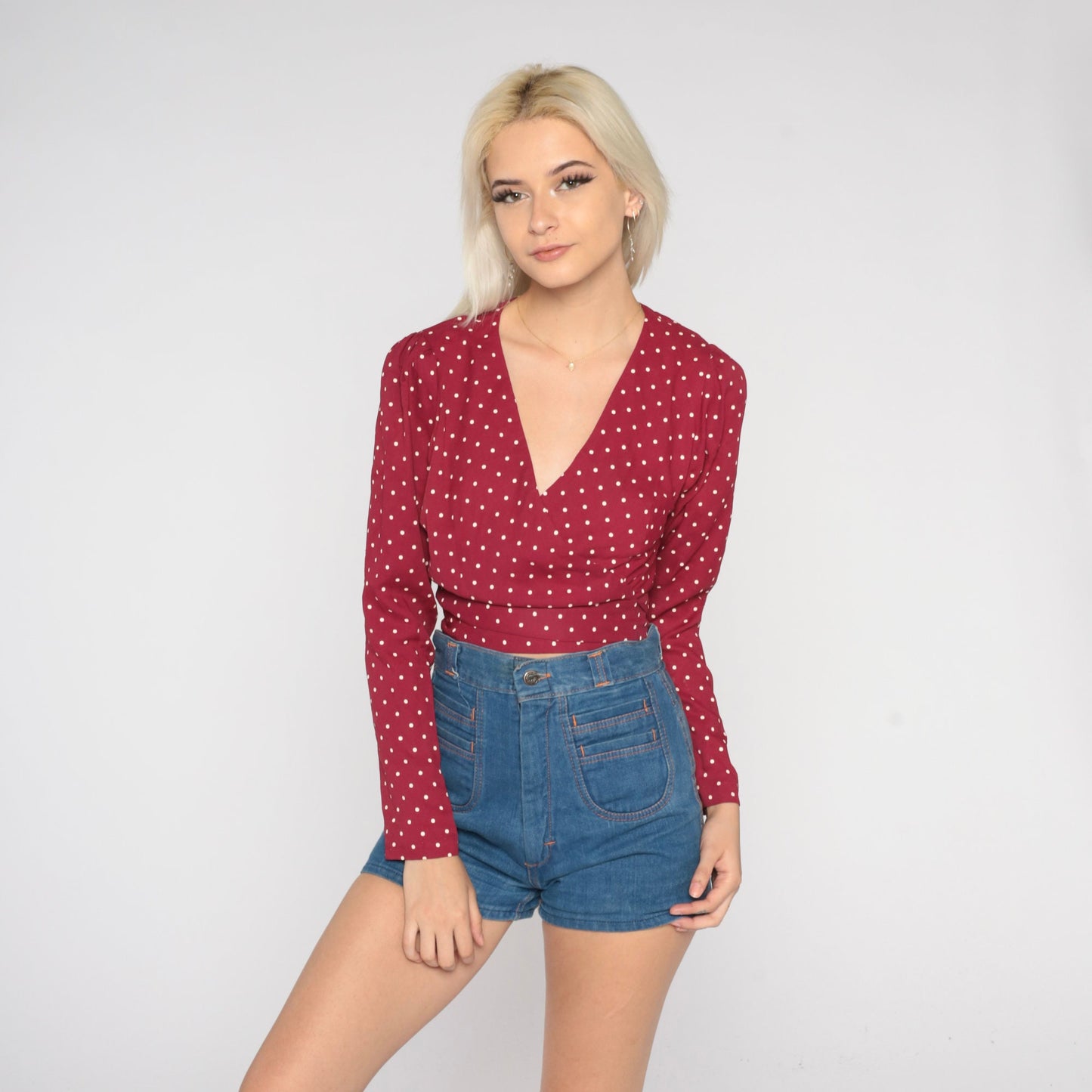 70s Polka Dot Wrap Blouse Burgundy Long Sleeve Crop Top Small