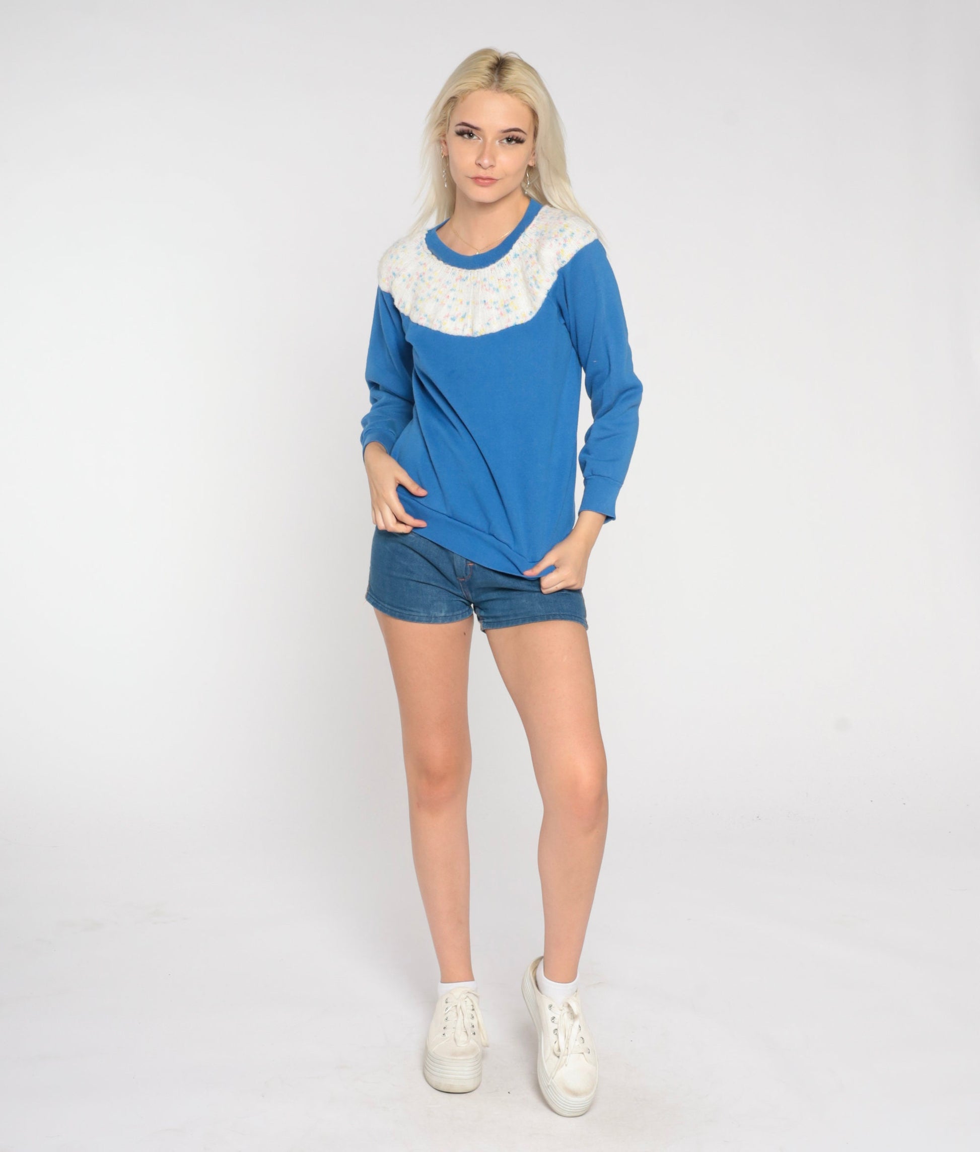 80s Blue Knit Yoke Raglan Sweatshirt Flecked Crewneck Small