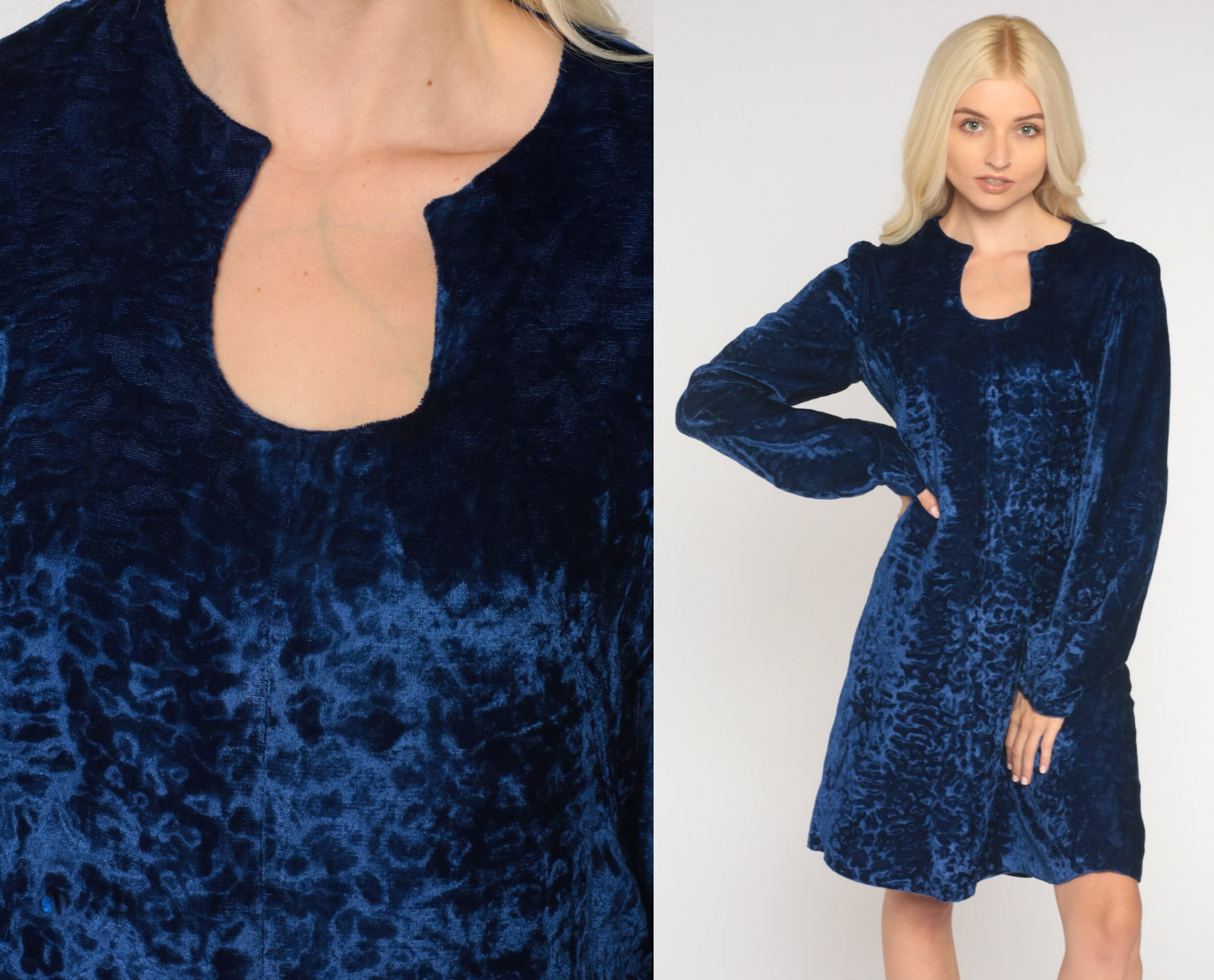 60s Blue Velvet Mini Dress Shift Cut Long Sleeve Asymmetrical Neckline Small