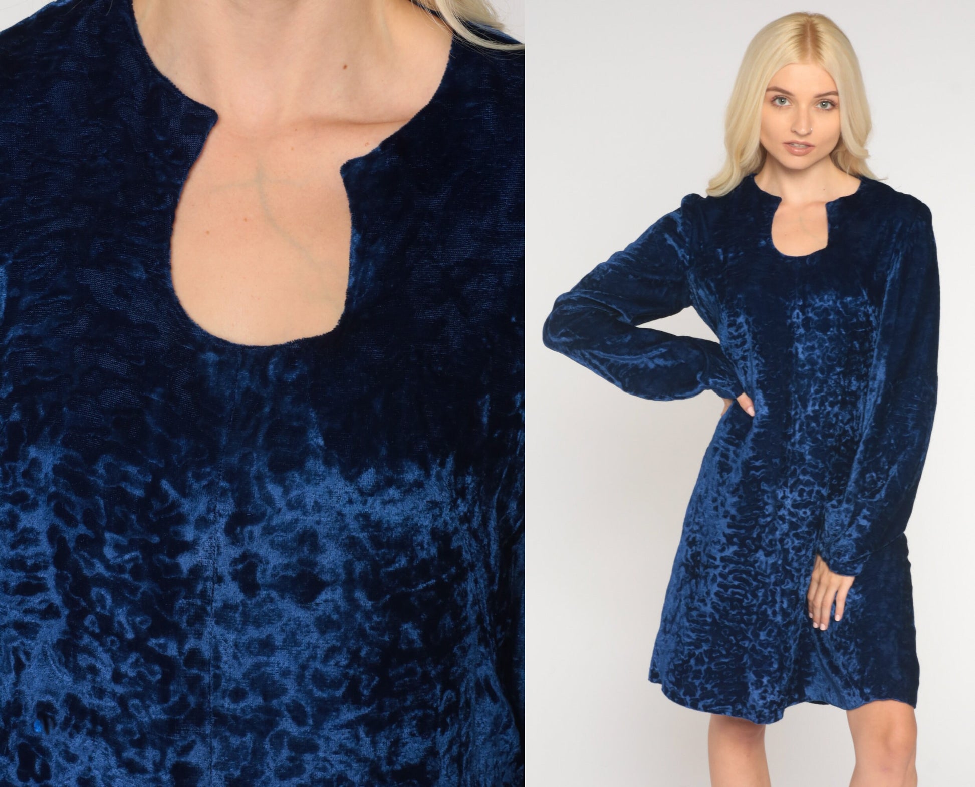 60s Blue Velvet Mini Dress Shift Cut Long Sleeve Asymmetrical Neckline Small