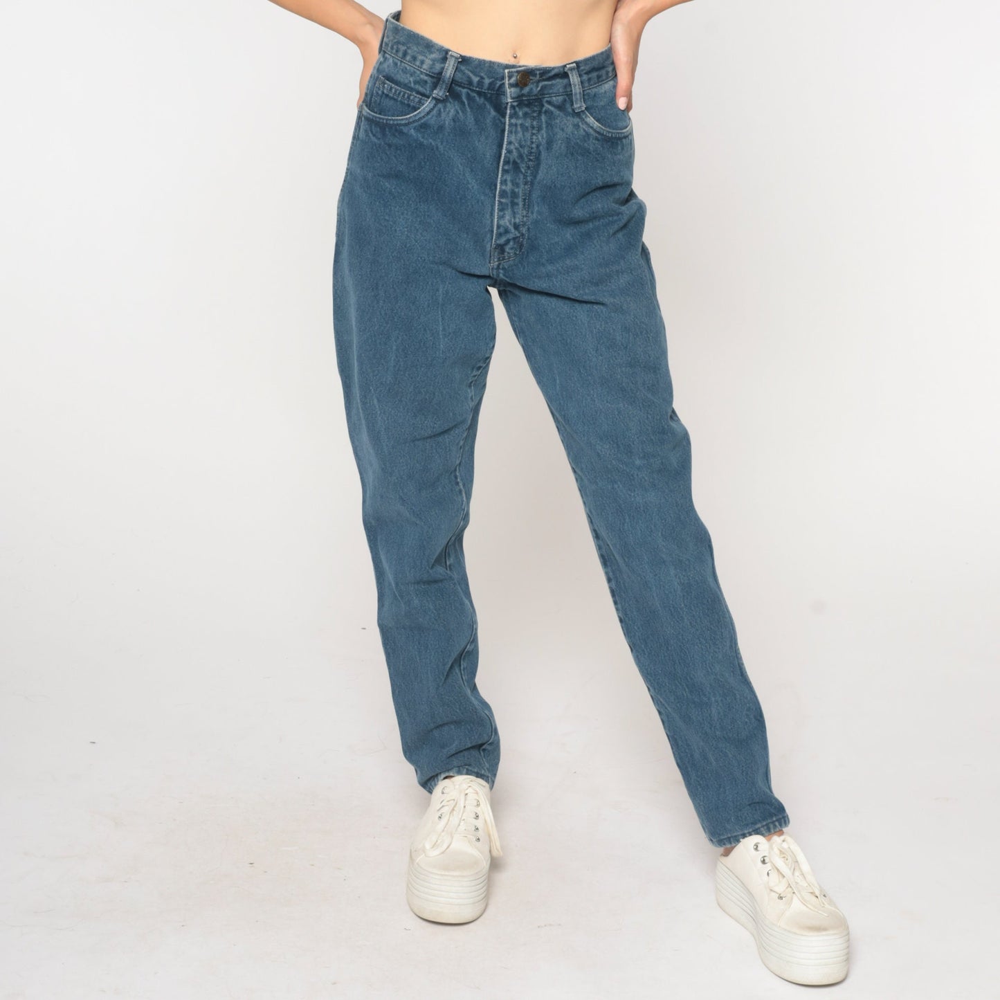 90s High Waist Tapered Jeans Dark Blue Denim Small 27