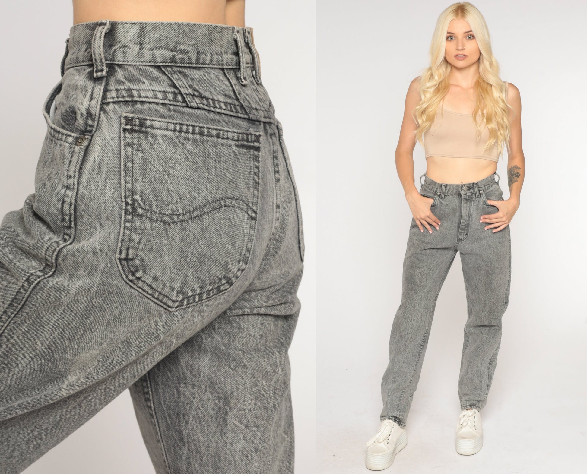 90s Lee Mom Jeans Grey Acid Wash High Waist Denim Extra Small