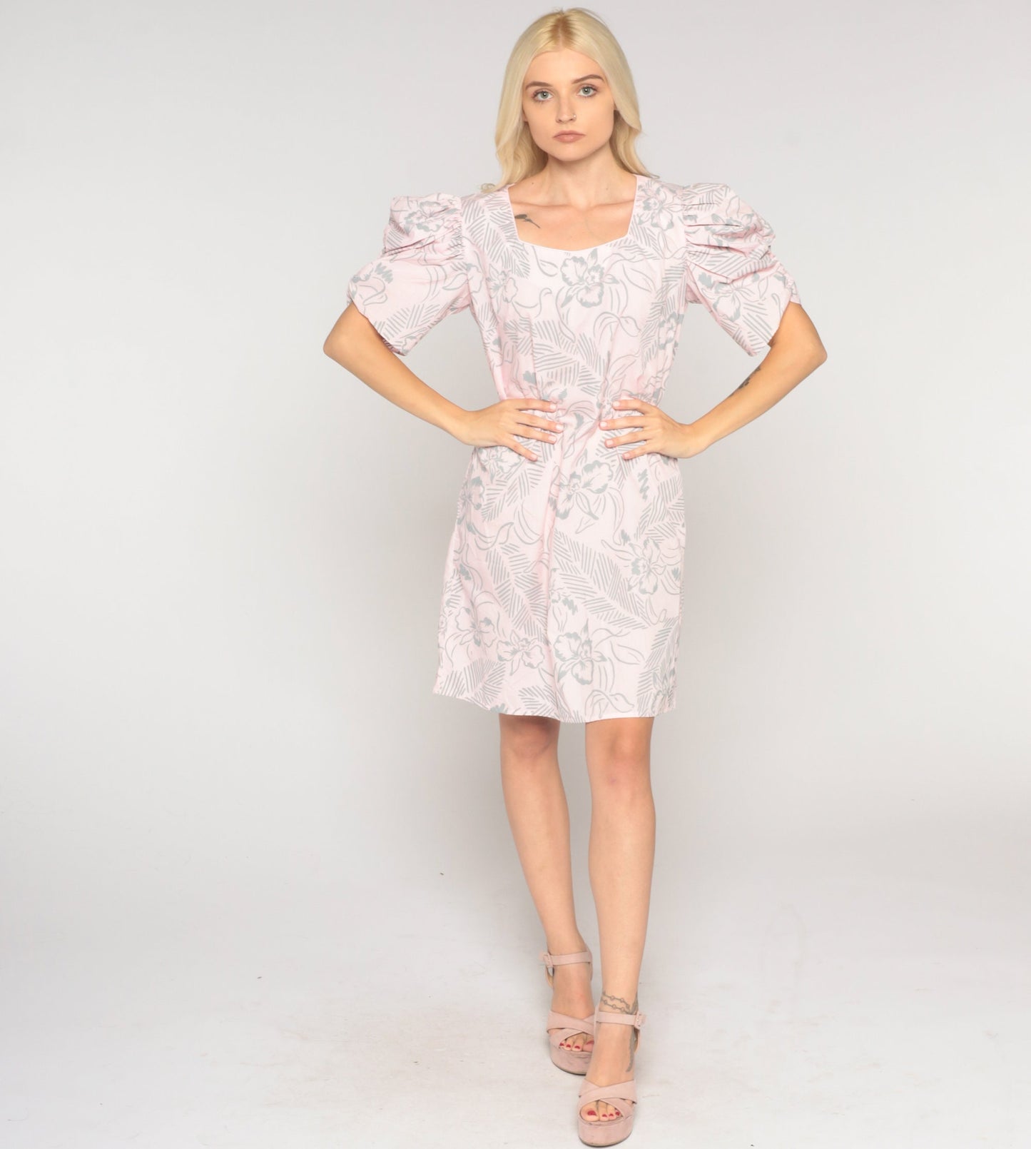 80s Floral Mini Dress Puff Sleeve Shift Dress Pink Botanical Small S