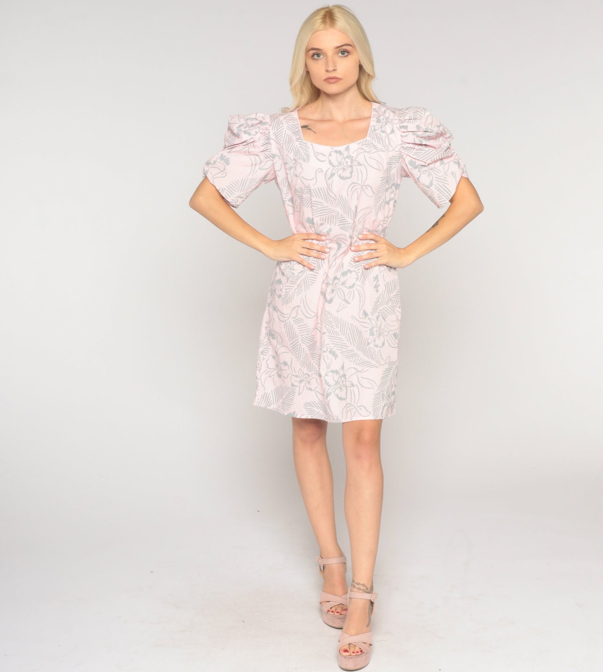 80s Floral Mini Dress Puff Sleeve Shift Dress Pink Botanical Small S