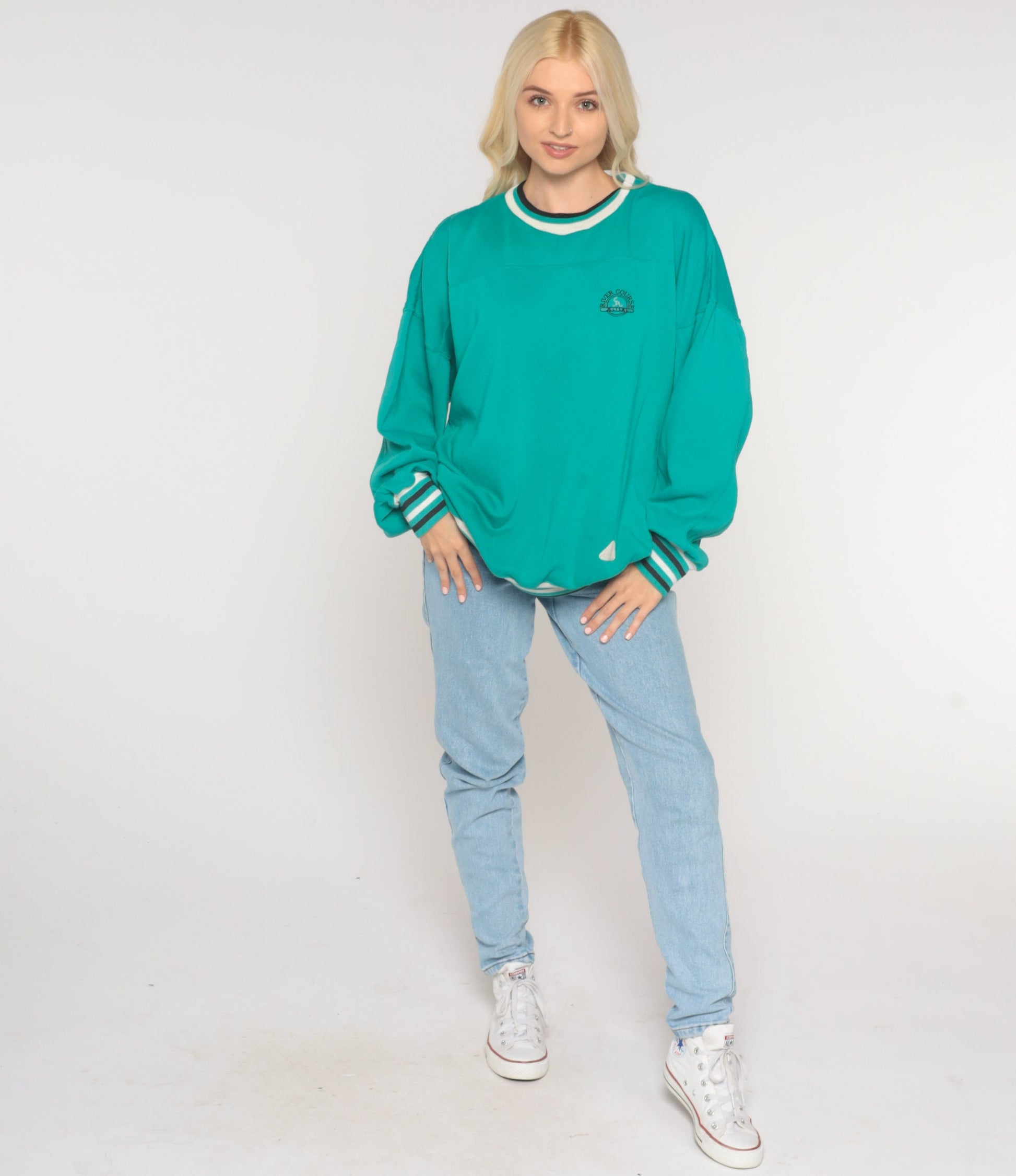 90s River Course Alisal Golf Sweatshirt Teal Striped Ringer Extra Large XXL