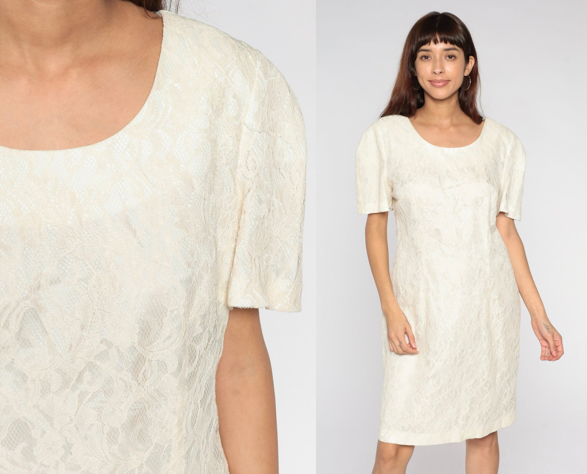 90s Off-White Lace Mini Dress Short Sleeve Sheath Cocktail Large L