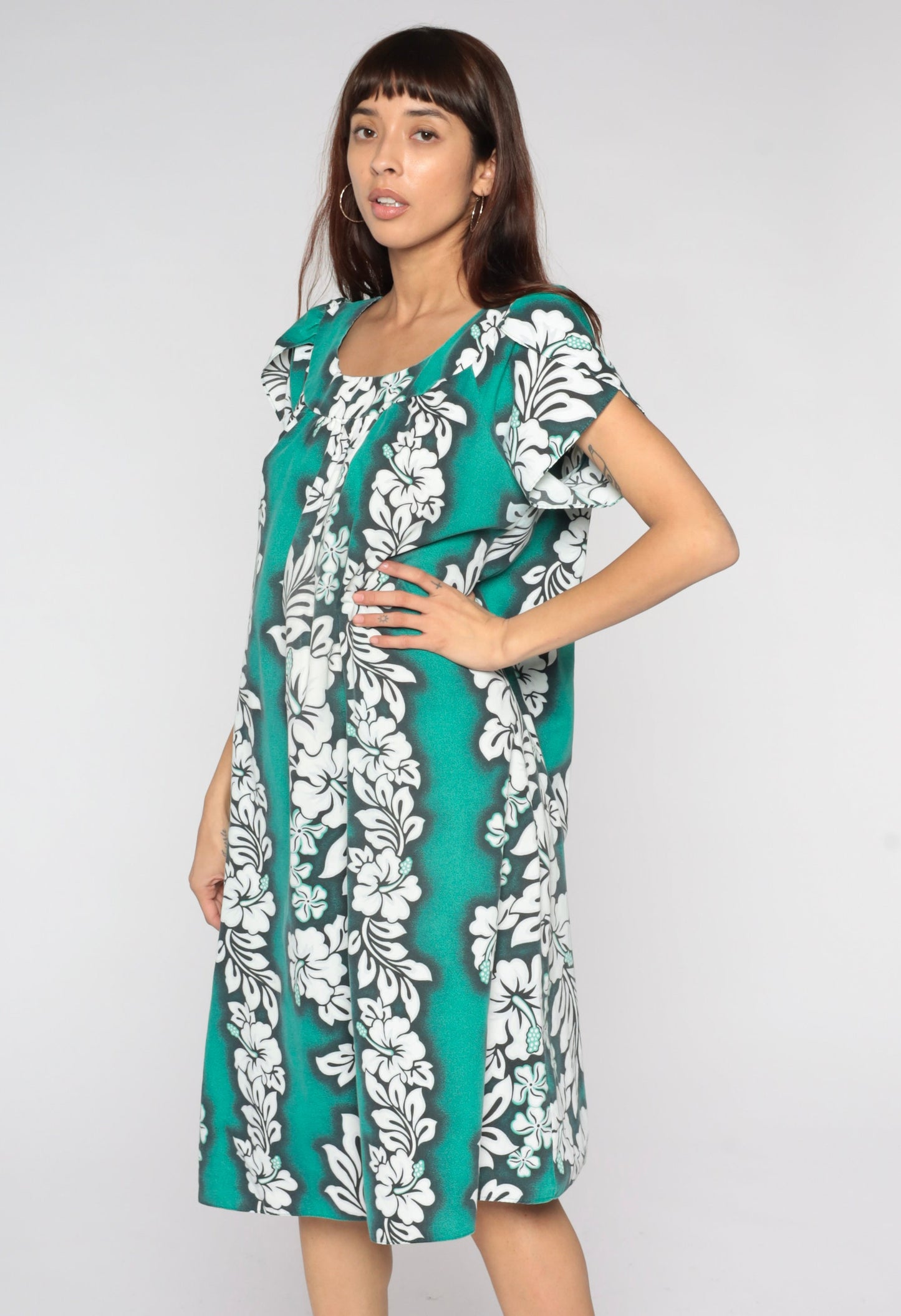 90s Hawaiian Tropical Floral Midi Dress Green Tent Cut Tulip Sleeve Medium