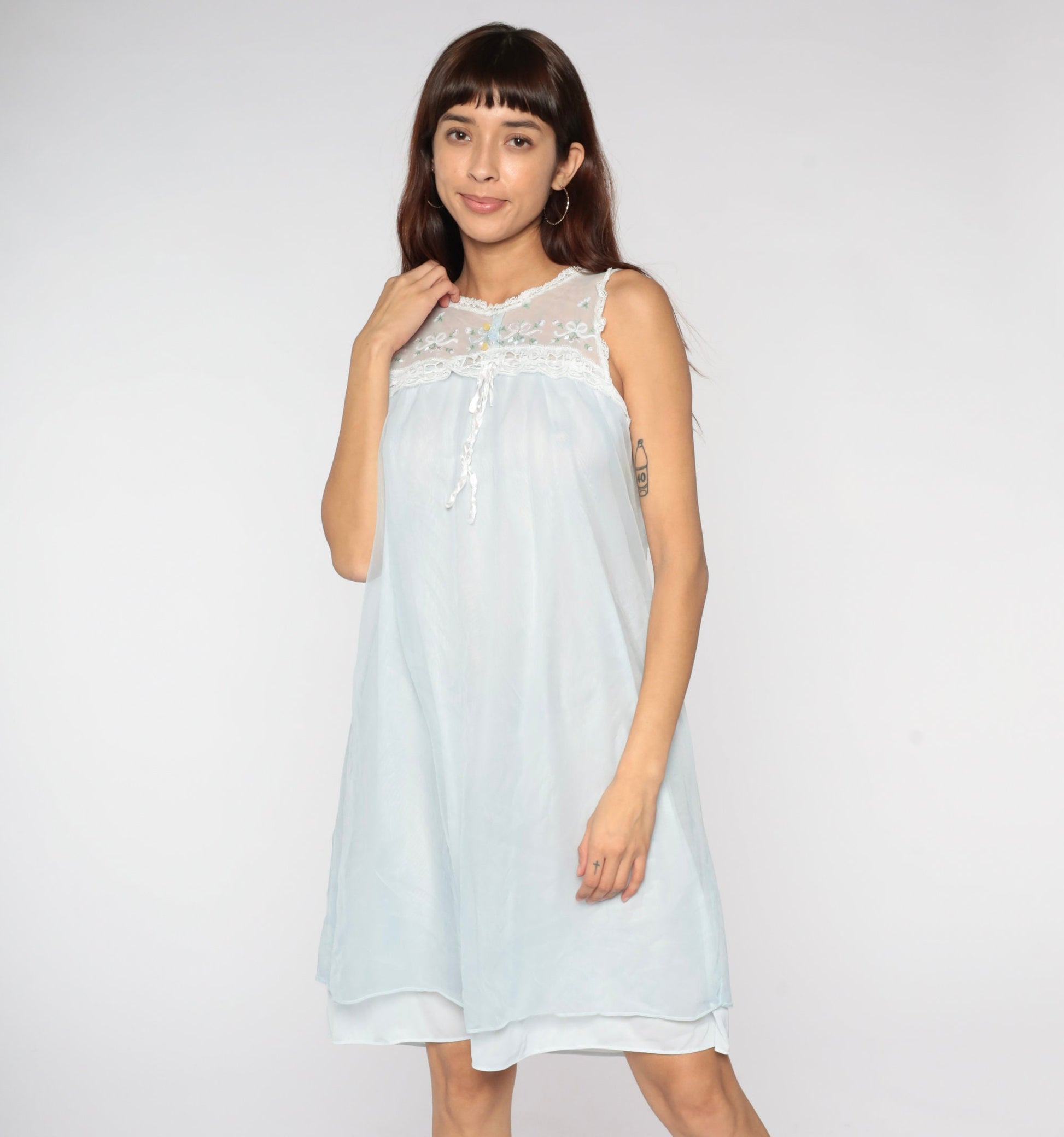 70s Baby Blue Nylon Nightgown Embroidered Lace Bib Mini Slip Dress Small