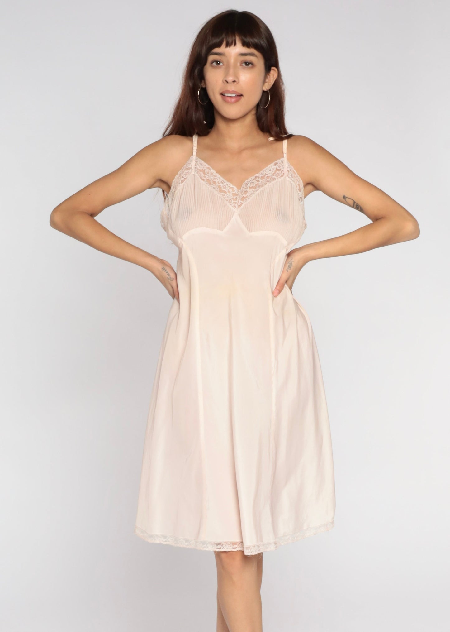 Barbizon Slip Dress 50s Blush Pink Sheer Lace Trim Empire Waist Large L