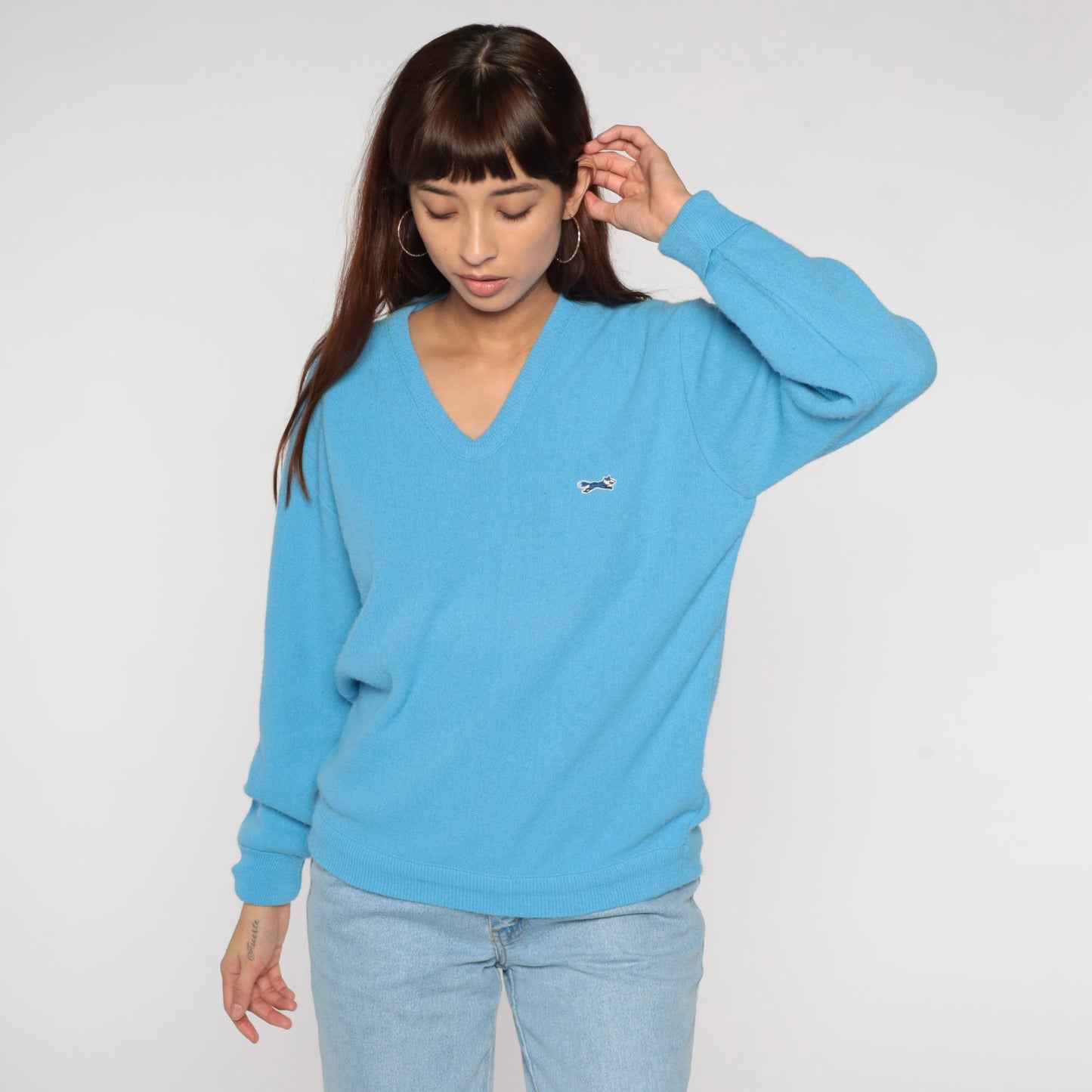 80s Light Blue Fox Emblem V-Neck Pullover Sweater Small S
