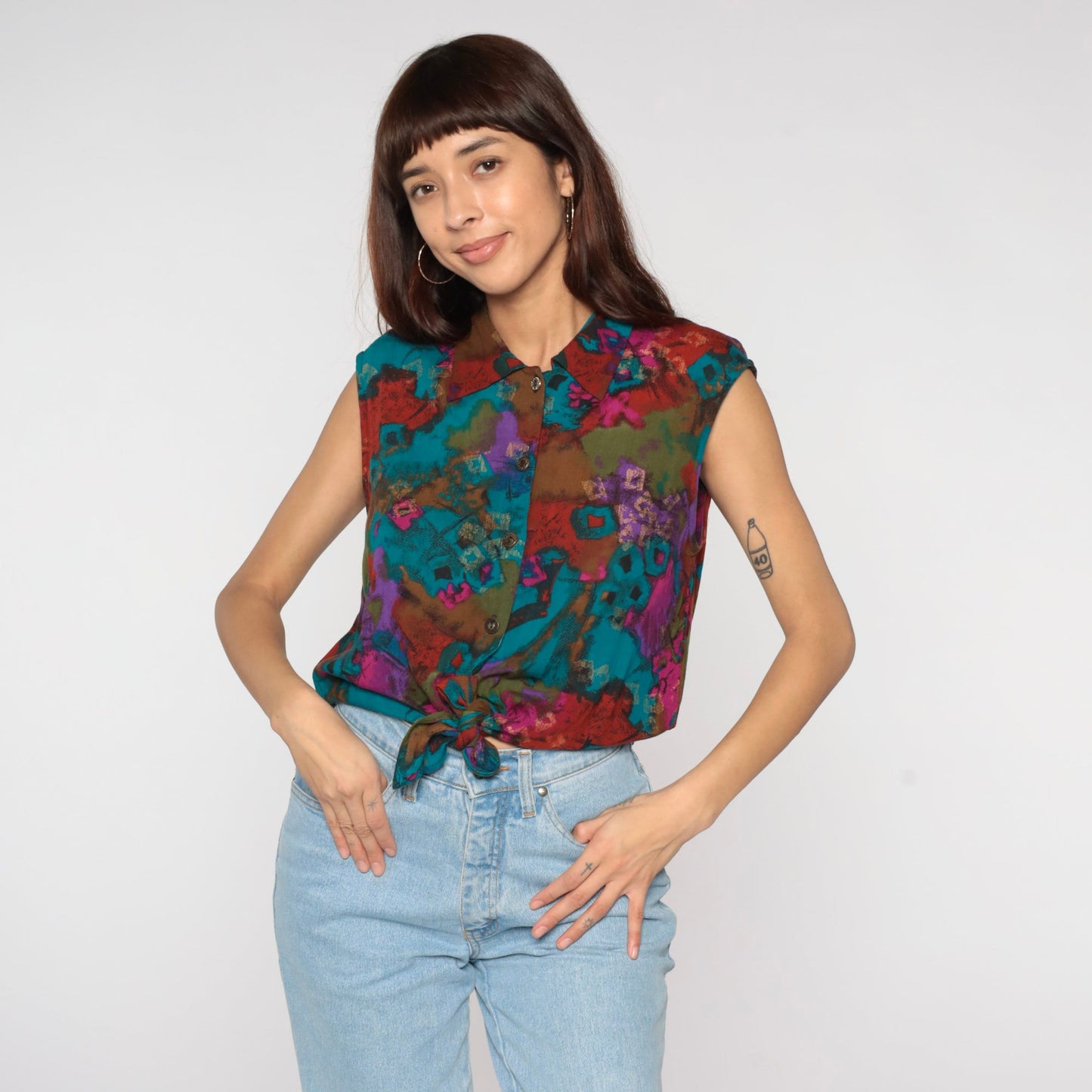 90s Abstract Print Tie Front Crop Top Rayon Button Up Collared Medium
