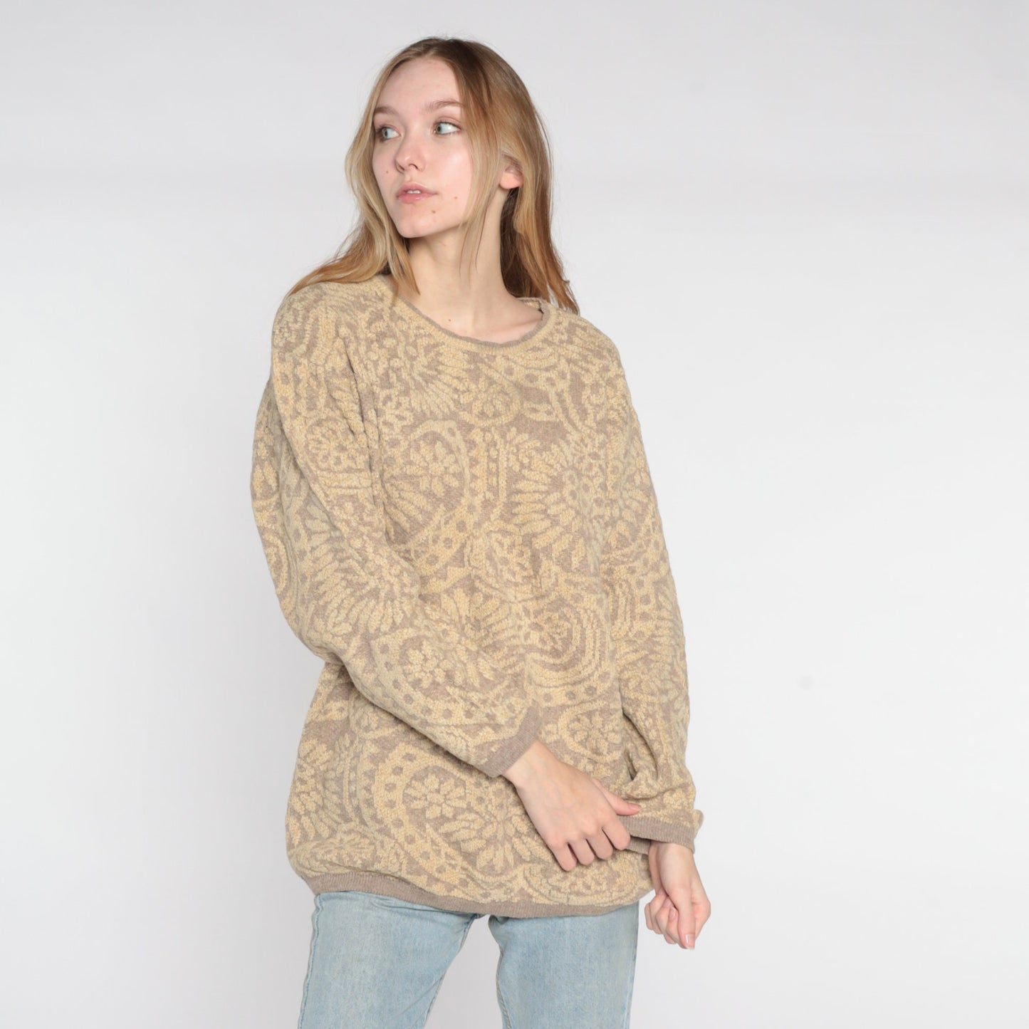 90s Tan Floral Wool Blend Sweater Italian Made Pullover Medium