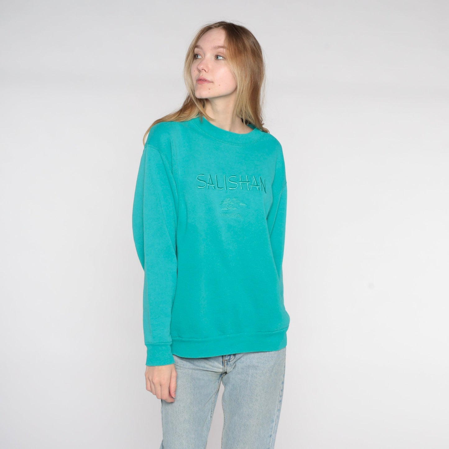 90s Salishan Oregon Gleneden Beach Spa Resort Embroidered Sweatshirt Teal Cotton Medium Large