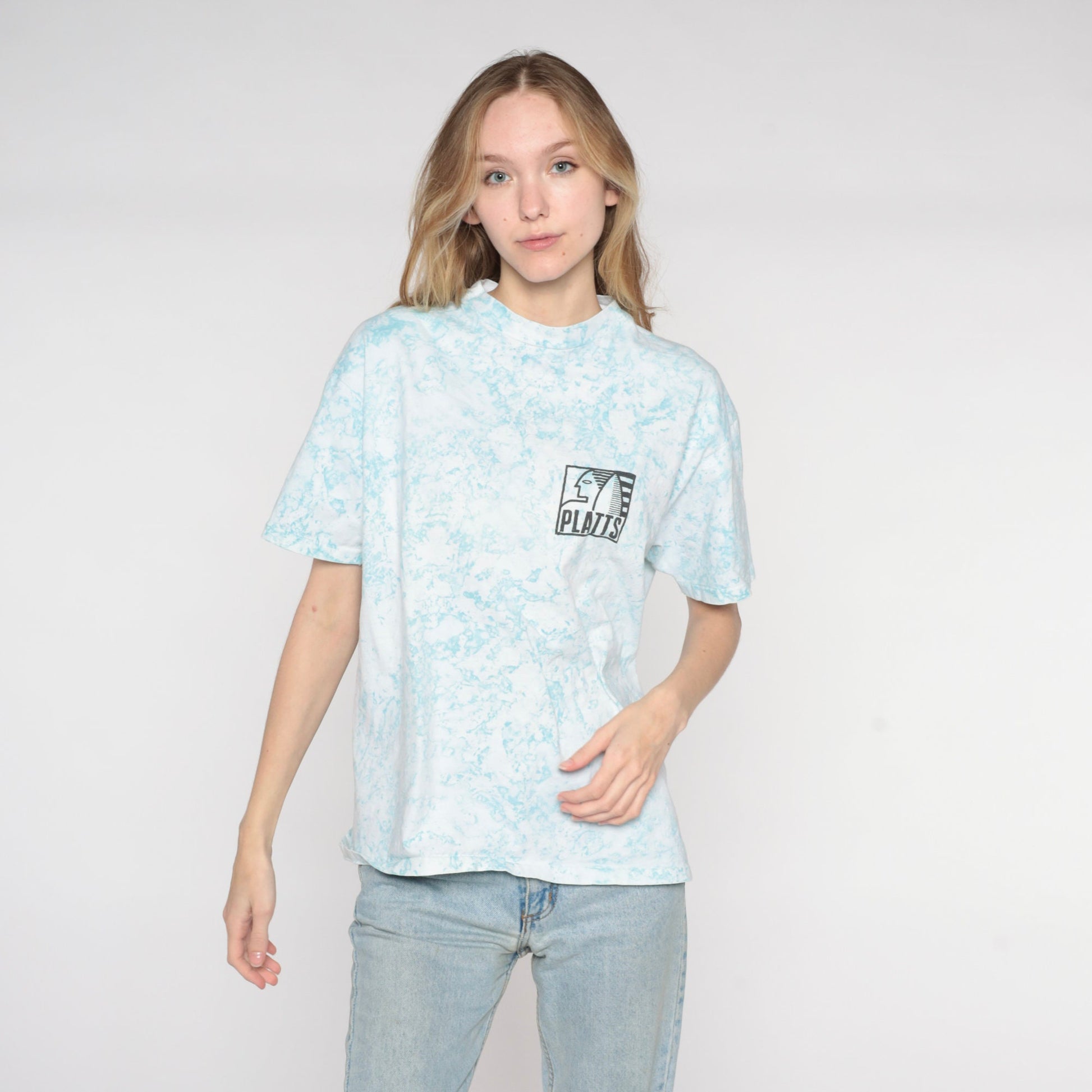 90s Platts Surf Tie Dye Graphic T-Shirt Blue White Go Hard Large L