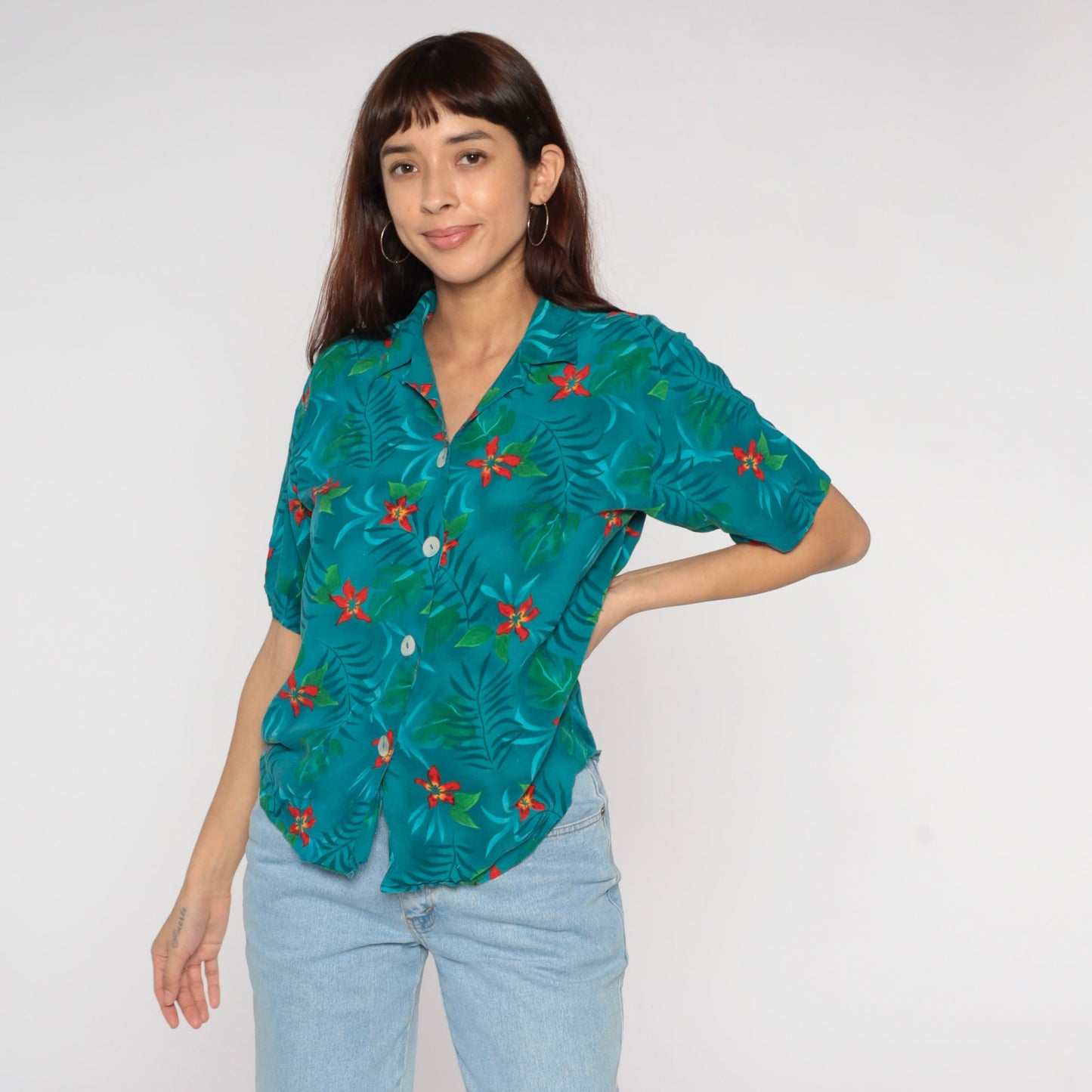 90s Tropical Floral Button-Up Blouse Teal Leaf Print Short Sleeve Small