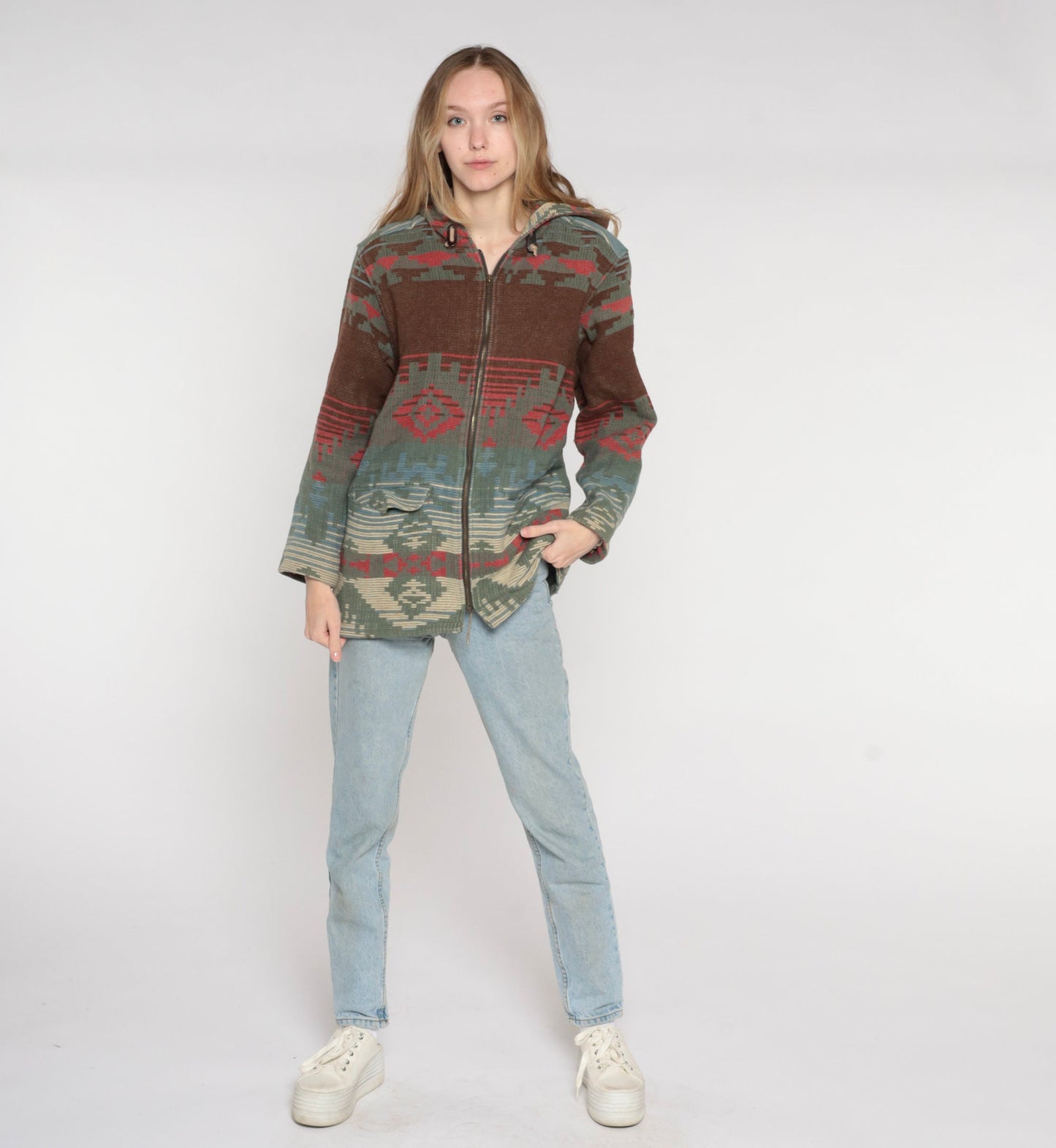 90s Woolrich Southwestern Wool Blend Hooded Jacket Brown Blue Medium