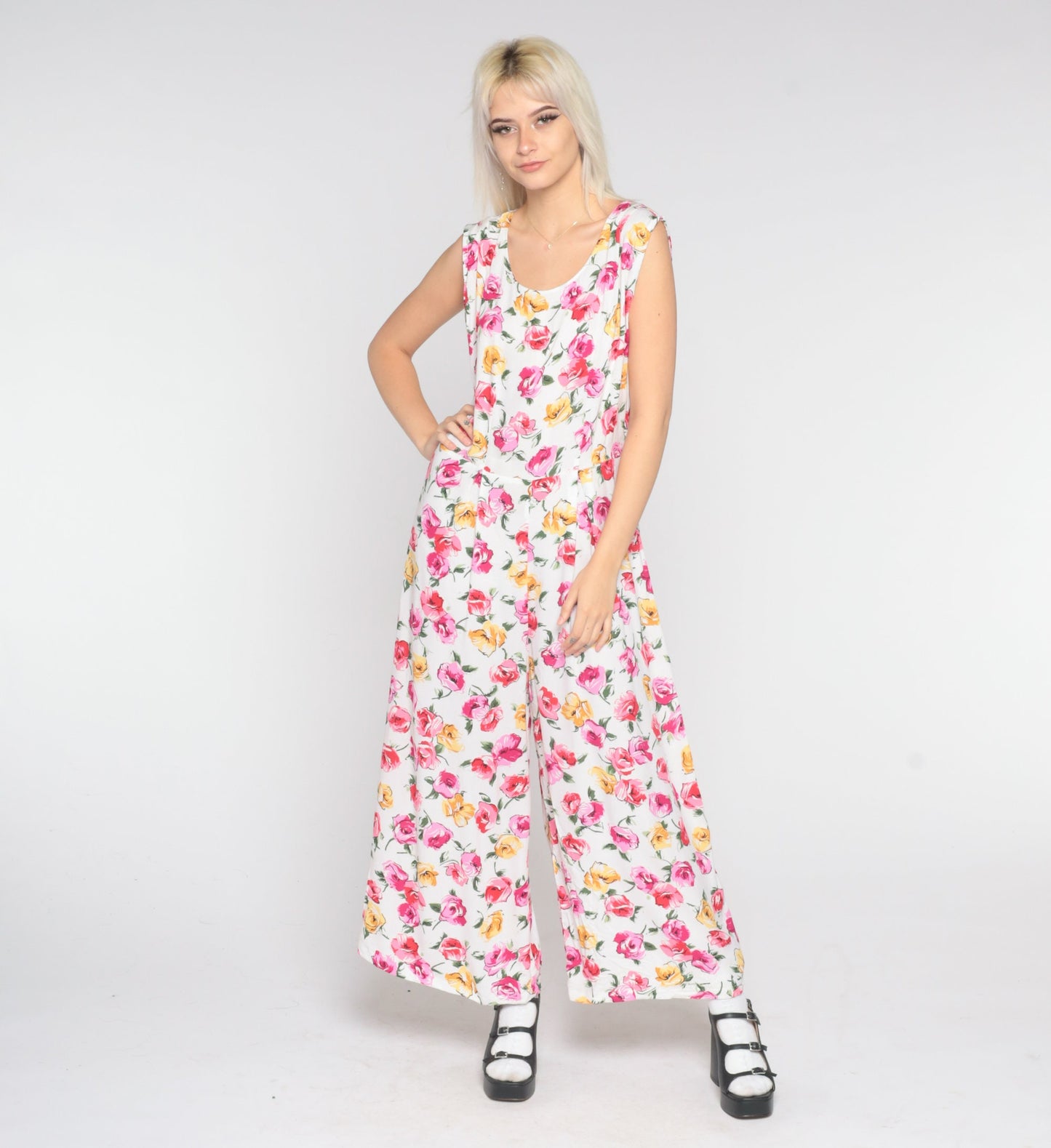 90s Floral Jumpsuit White Pink Wide Leg Sleeveless One Piece Large L